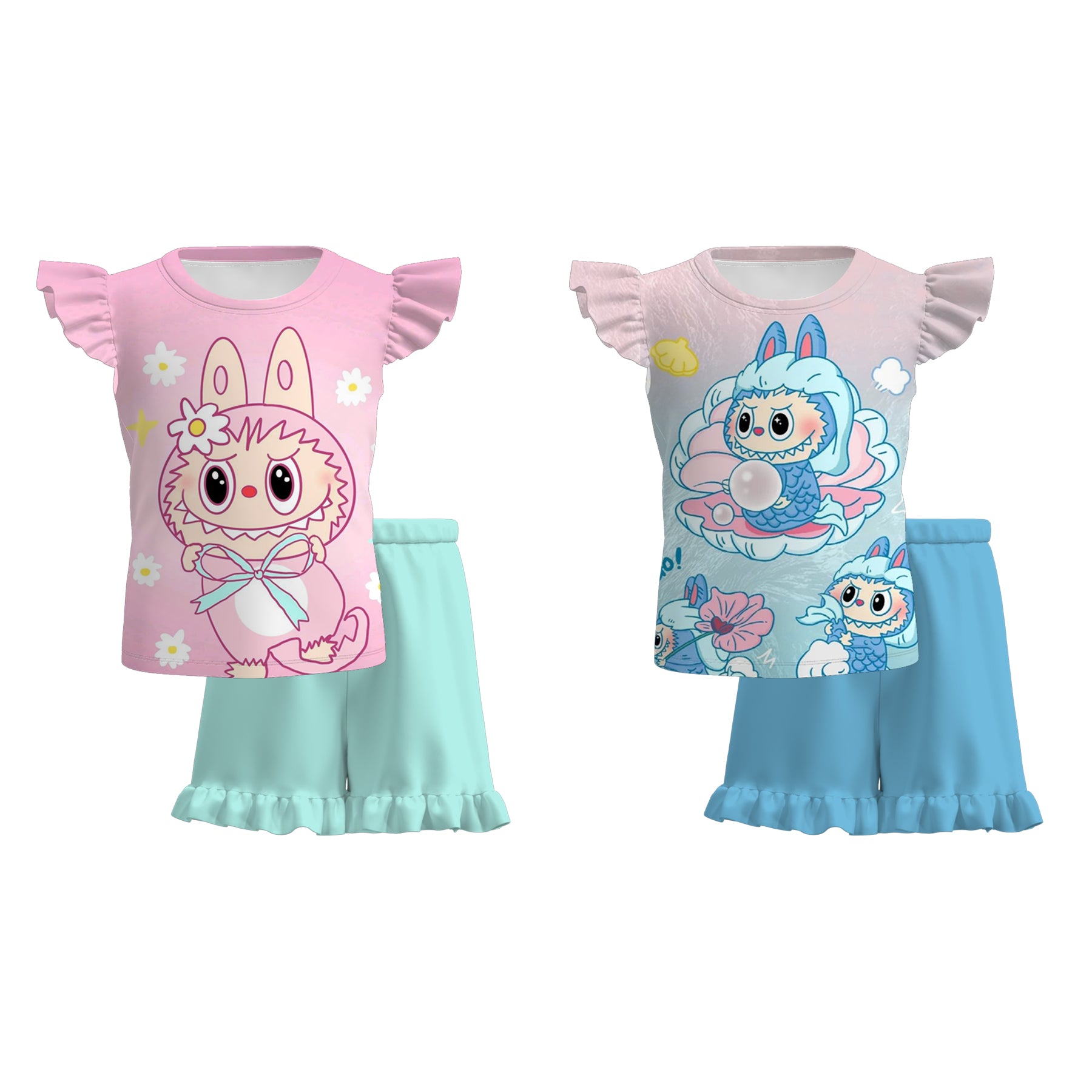 （Pre Order）Girls Spring and Summer Cartoon Print Shorts Set