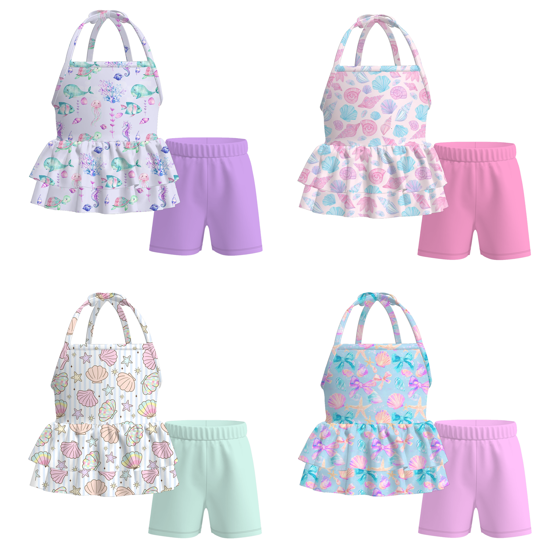 （Pre Order）Girls Spring&Summer Seashell Print Shorts Set