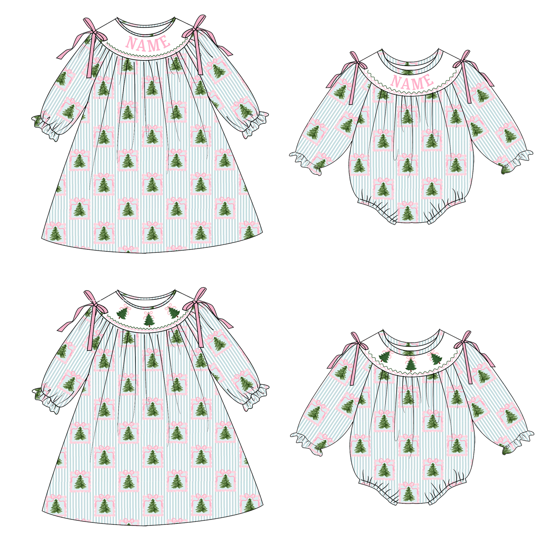 （Pre Order）Girls Christmas Tree Embroidery Smocked Dress&Romper-Customized name