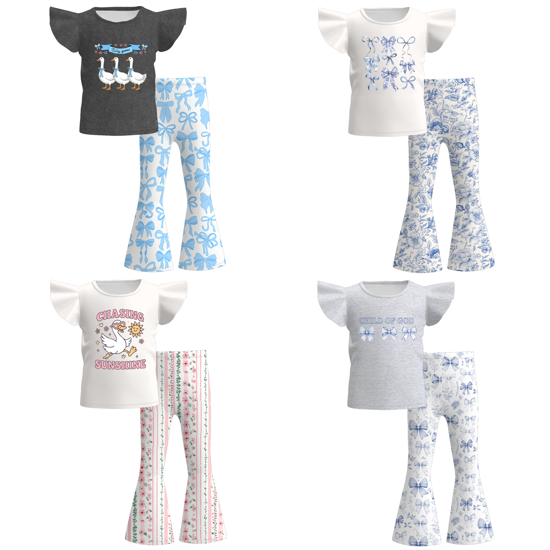 （Pre Order）Girls Spring and Summer Goose＆Bow Print Outfit Set
