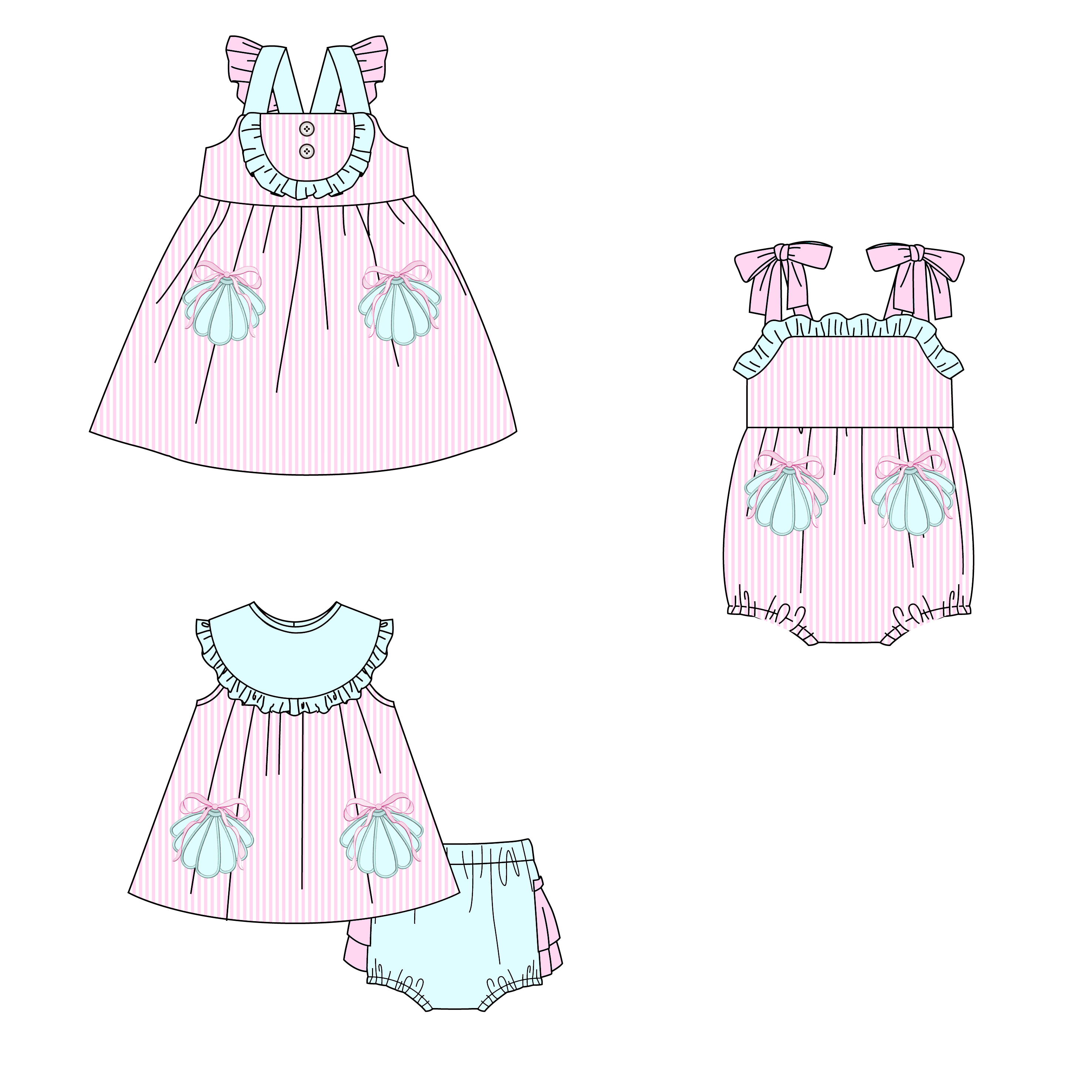 （Pre Order）Sisters Summer Seashell Applique Dress,Set&Romper