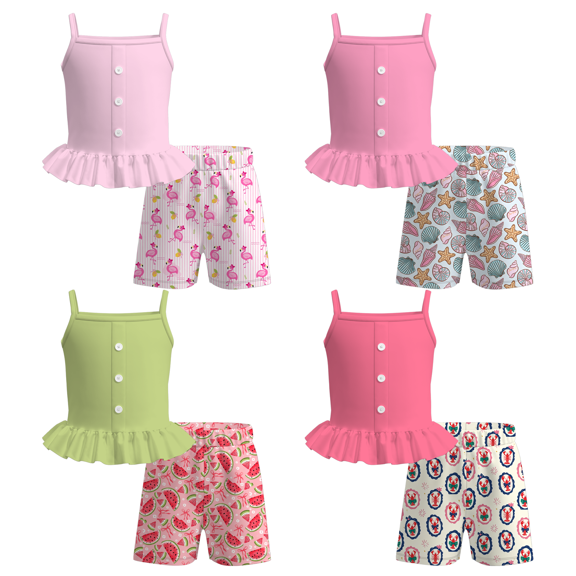 （Pre Order+Prepack Zone）Girls Summer Seaside Print Shorts Set（Mix Size）