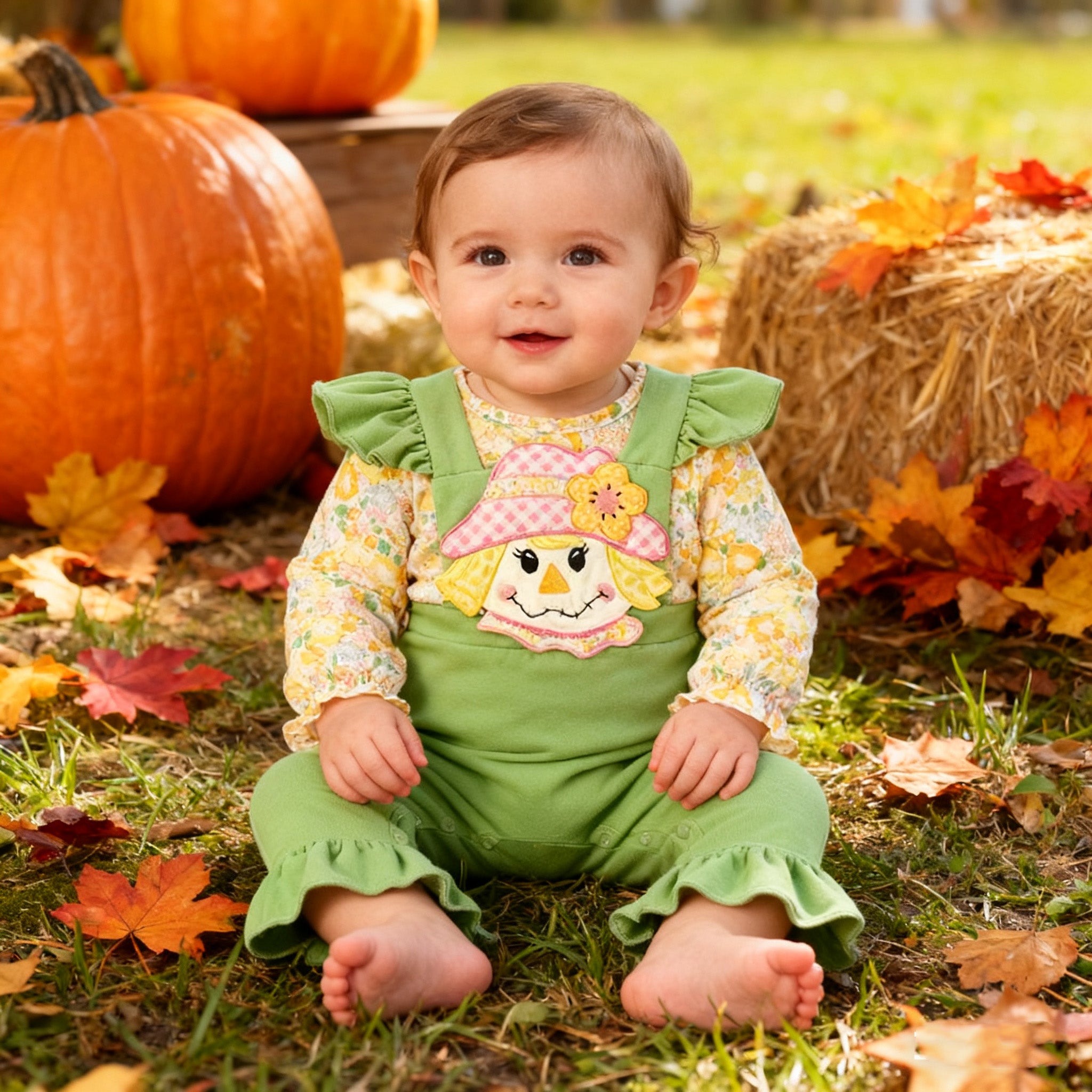 （In Stock）Toddler Girls Thanksgiving Scarecrow Applique Romper