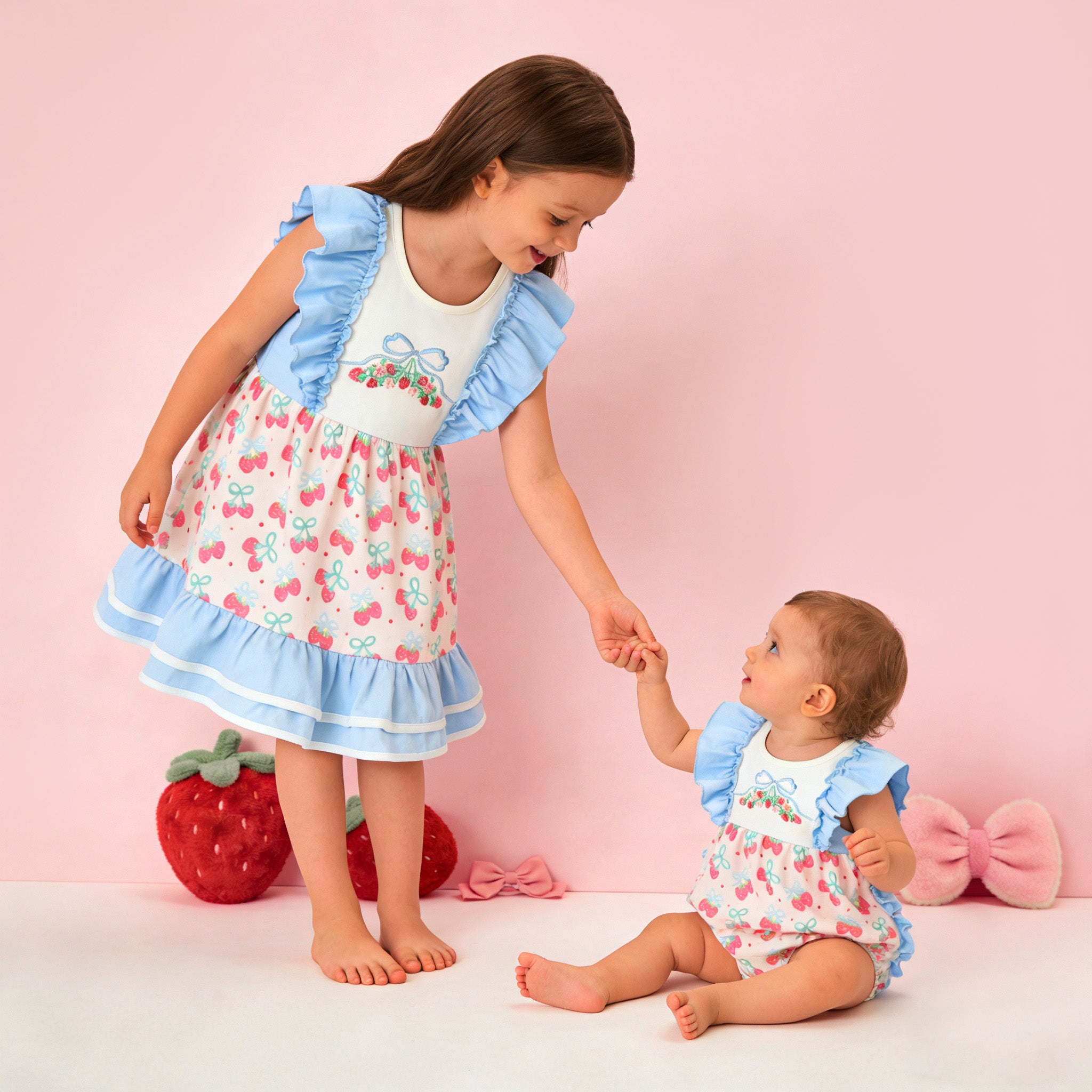 （In Stock）Girls Spring&Summer Strawberry Embroidery Dress&Romper