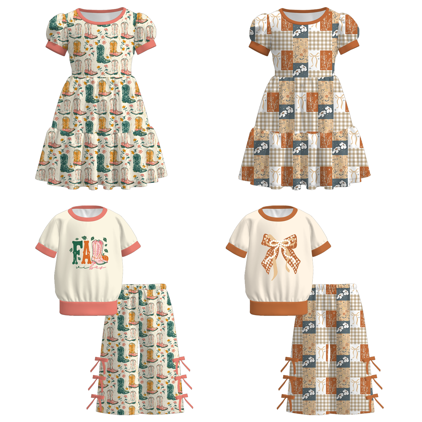 （Pre Order+Prepack Zone）Girls Fall Boots&Bow Print Dress&Outfit Set