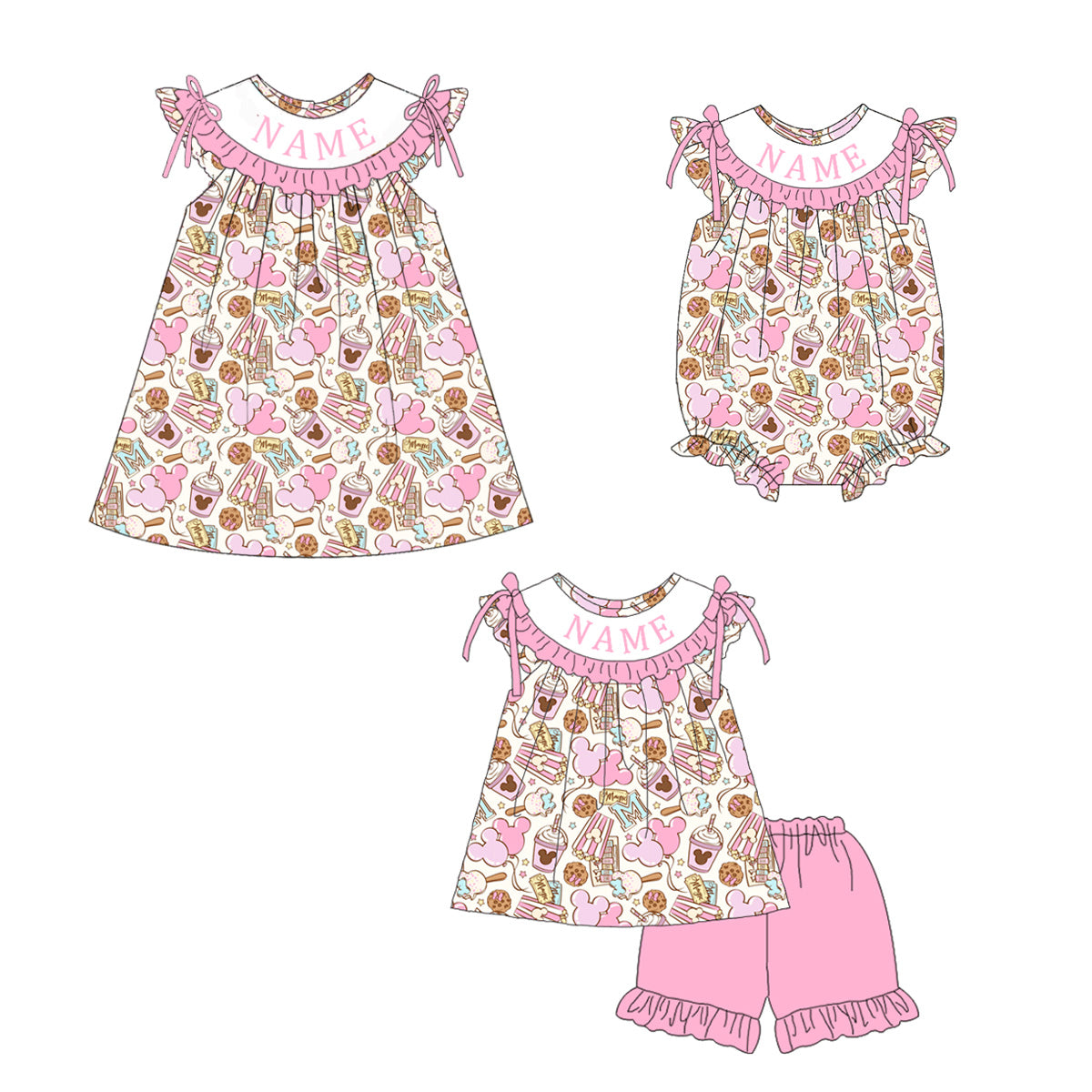 （Pre Order）Sisters Spring&Summer Cartoon Embroidery Smocked Dress,Set&Romper-Customized name