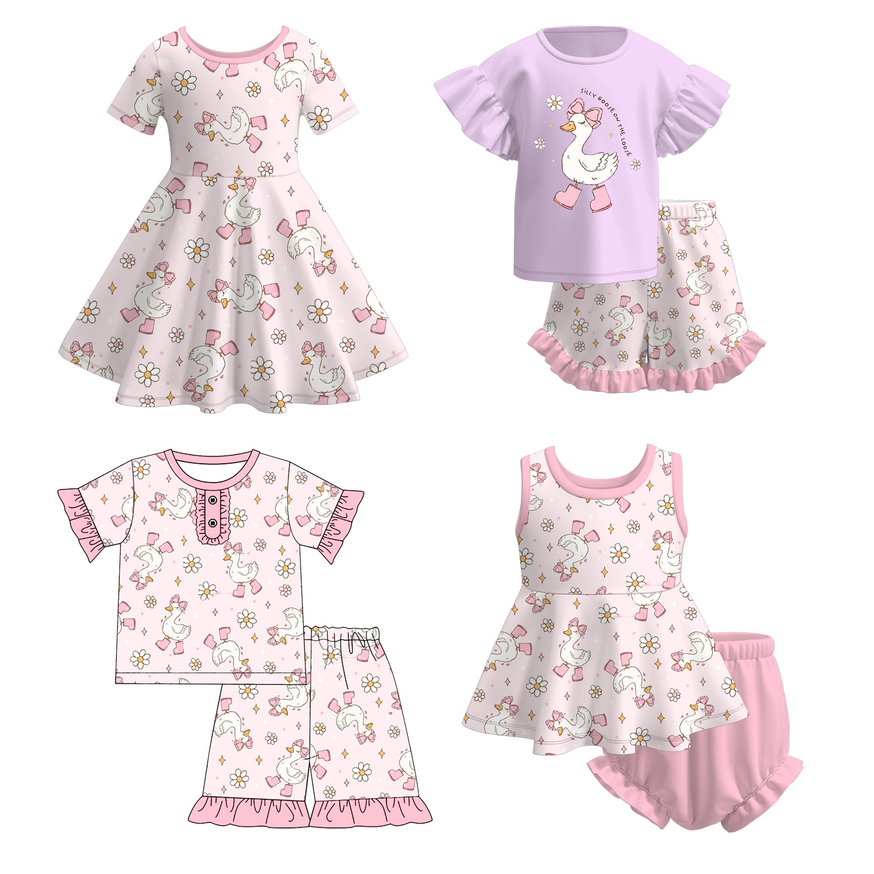 （Pre Order）Girls Spring and Summer Silly Goose Print Dress＆Set