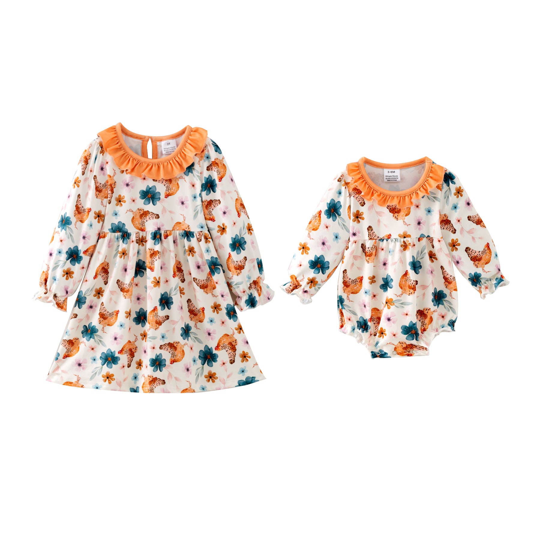 （Pre Order,Prepack Zone）Family Fall Chick Print Dress&Romper（Mix Size）