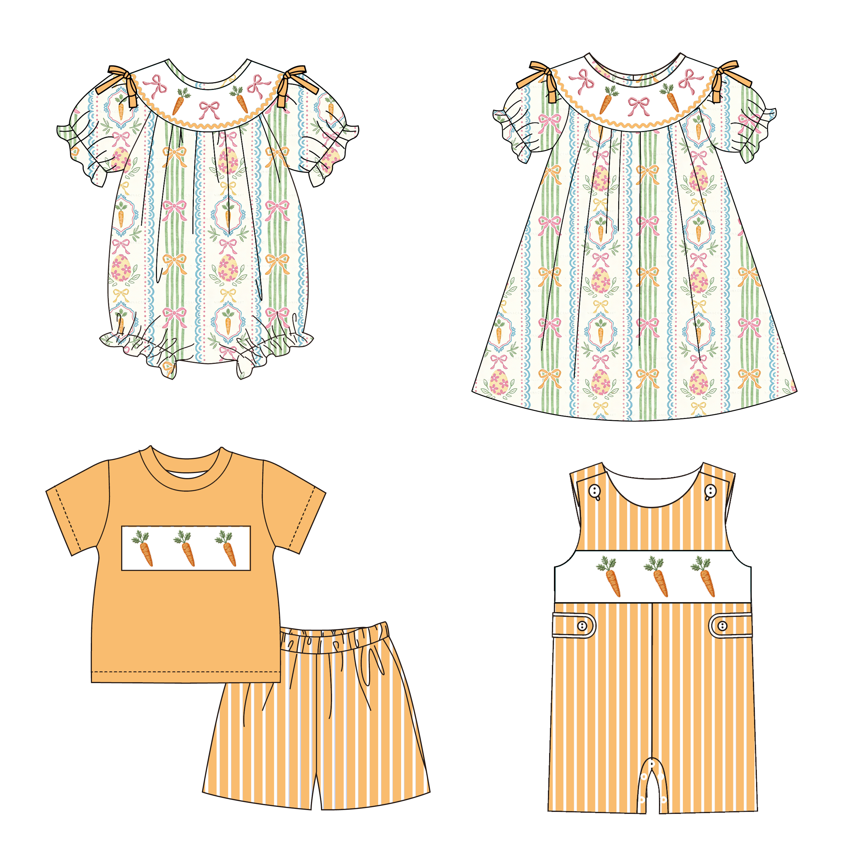 （Pre Order）Siblings Easter Carrot Embroidery Smocked Dress,Set&Romper