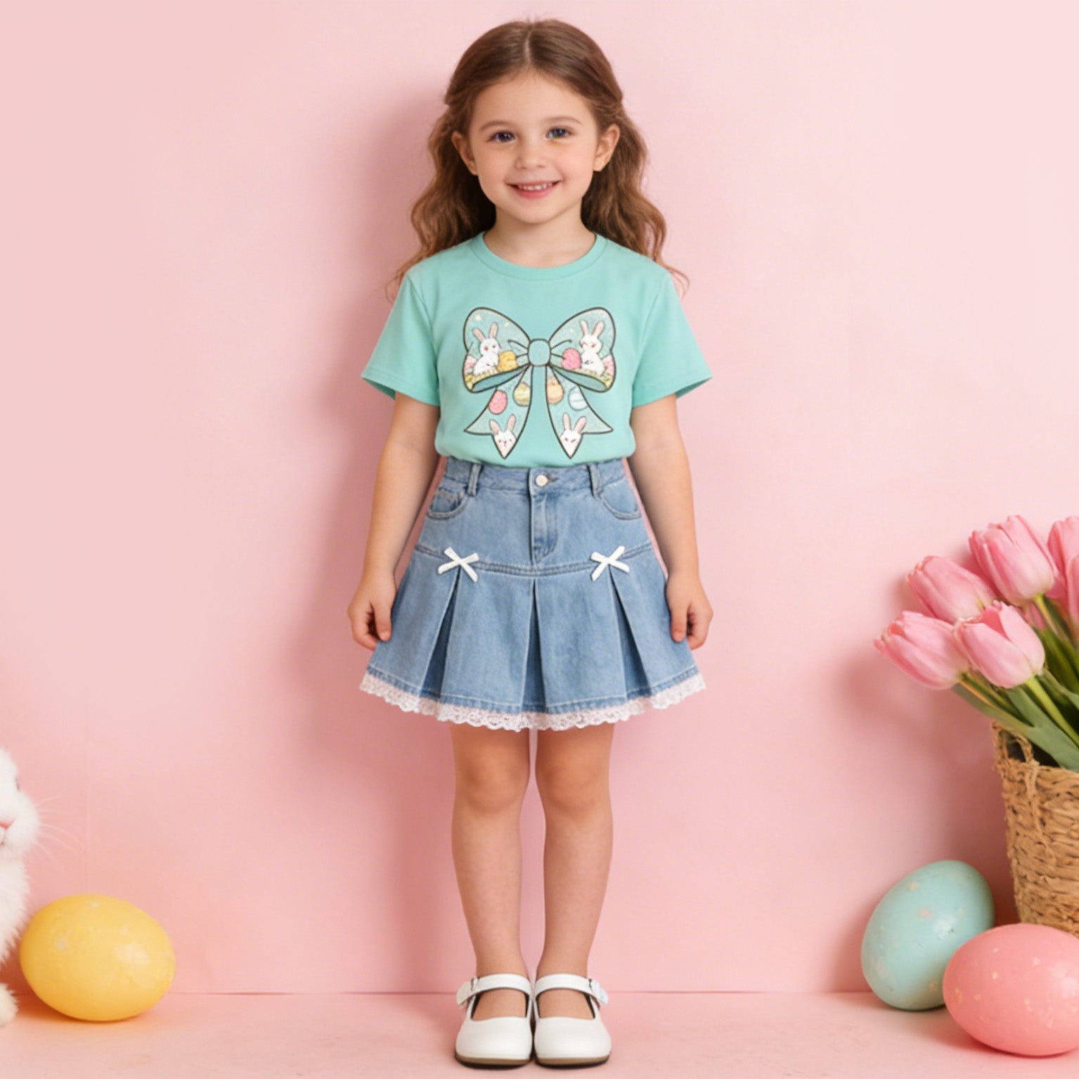 （In Production）Girls Spring&Summer Bow Lace Denim Pleated Skirt
