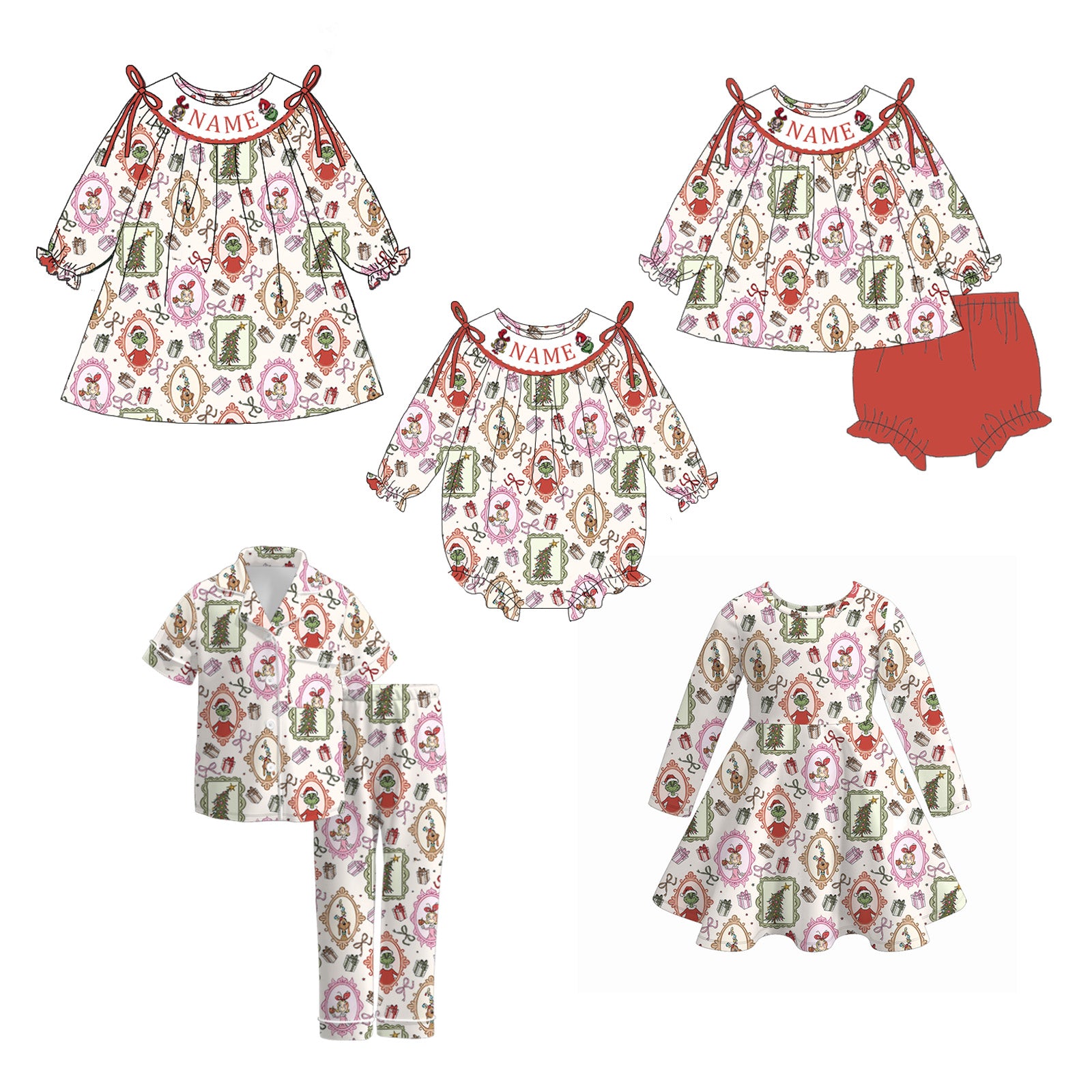 （Pre Order）Sisters Christmas Cartoon Embroidery Smocked Dress,Pajamas&Romper