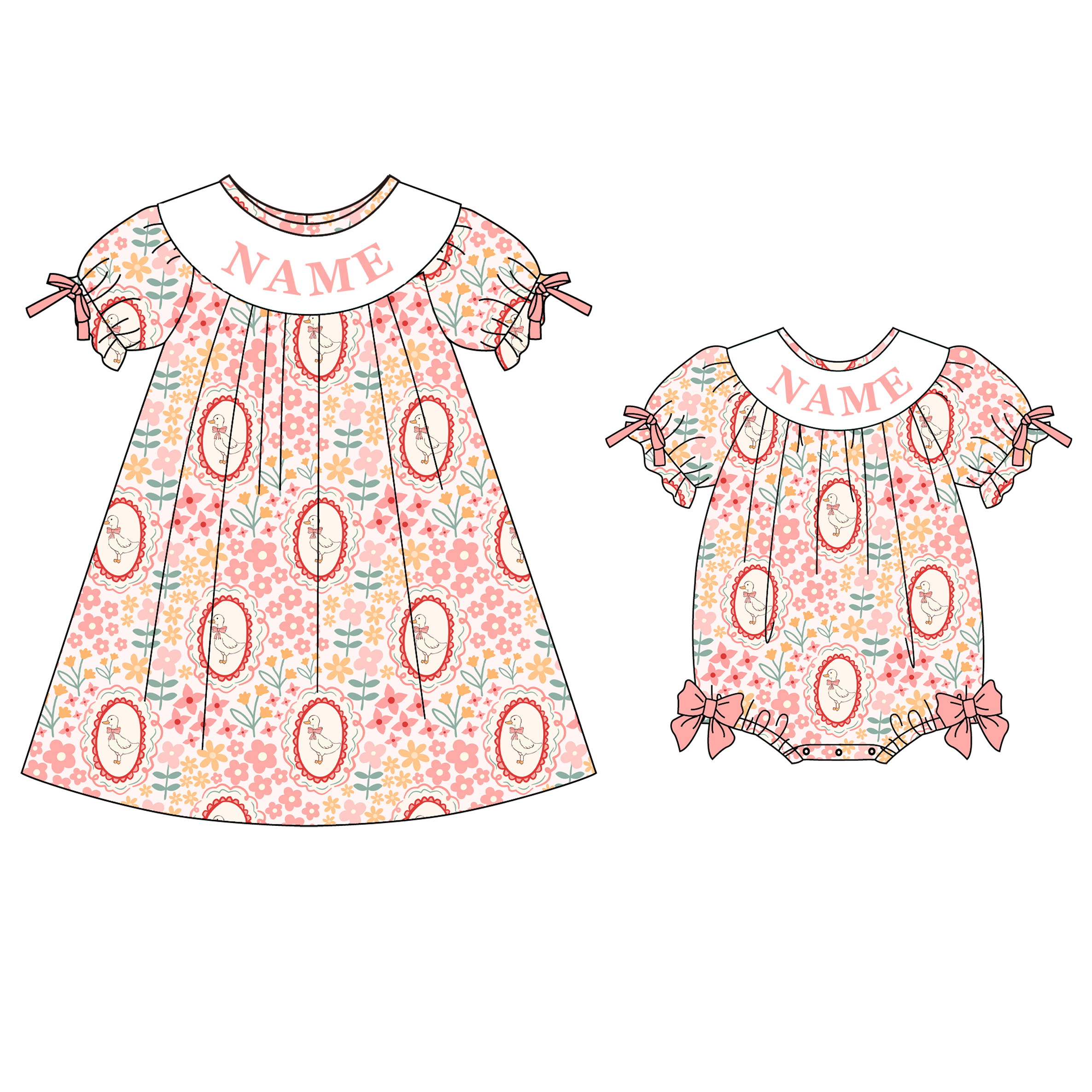 （Pre Order）Sisters Spring&Summer Goose Embroidery Smocked Dress,Set&Romper-Customized name