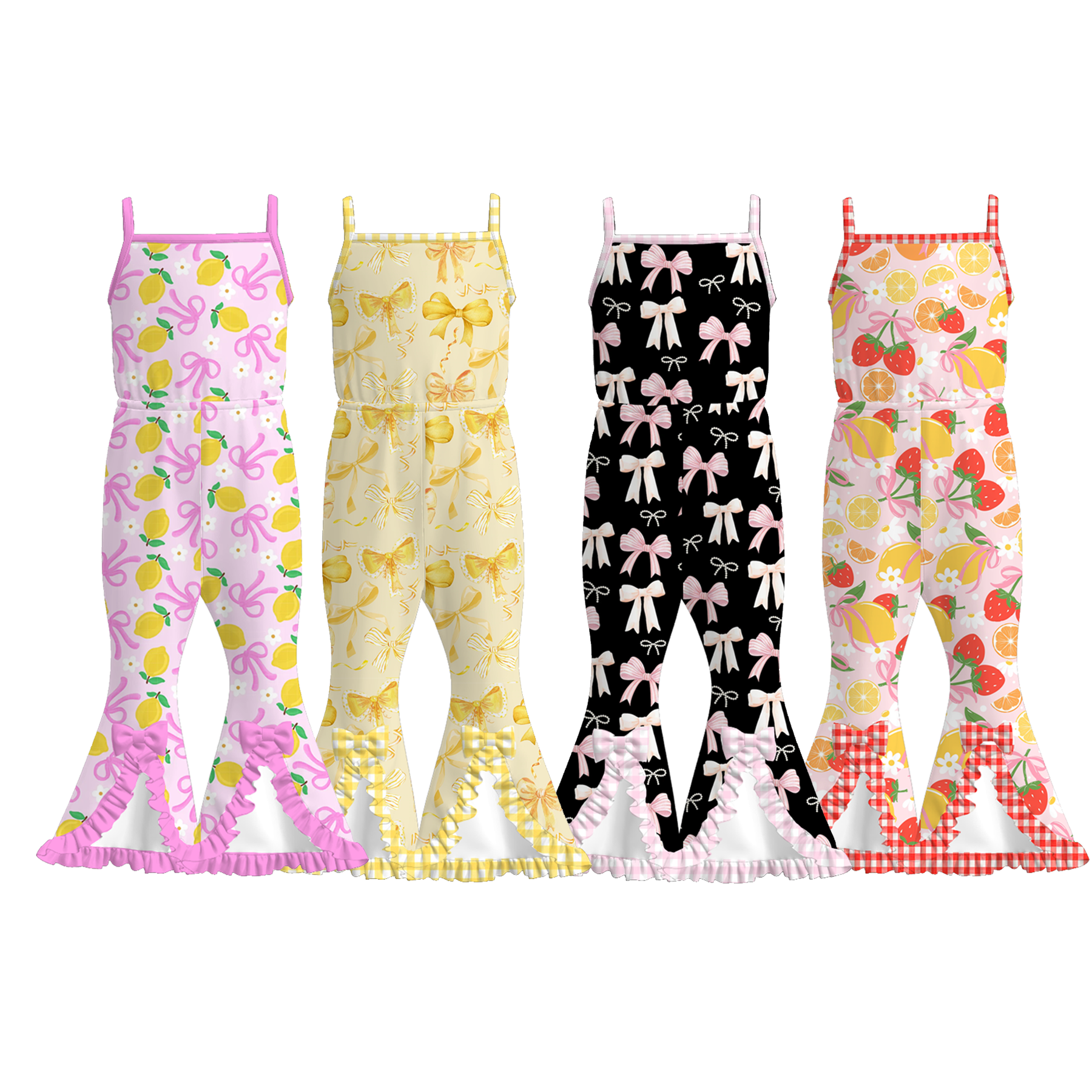 （Pre Order）Girls Spring and Summer Bow＆Fruit Print Jumpsuit