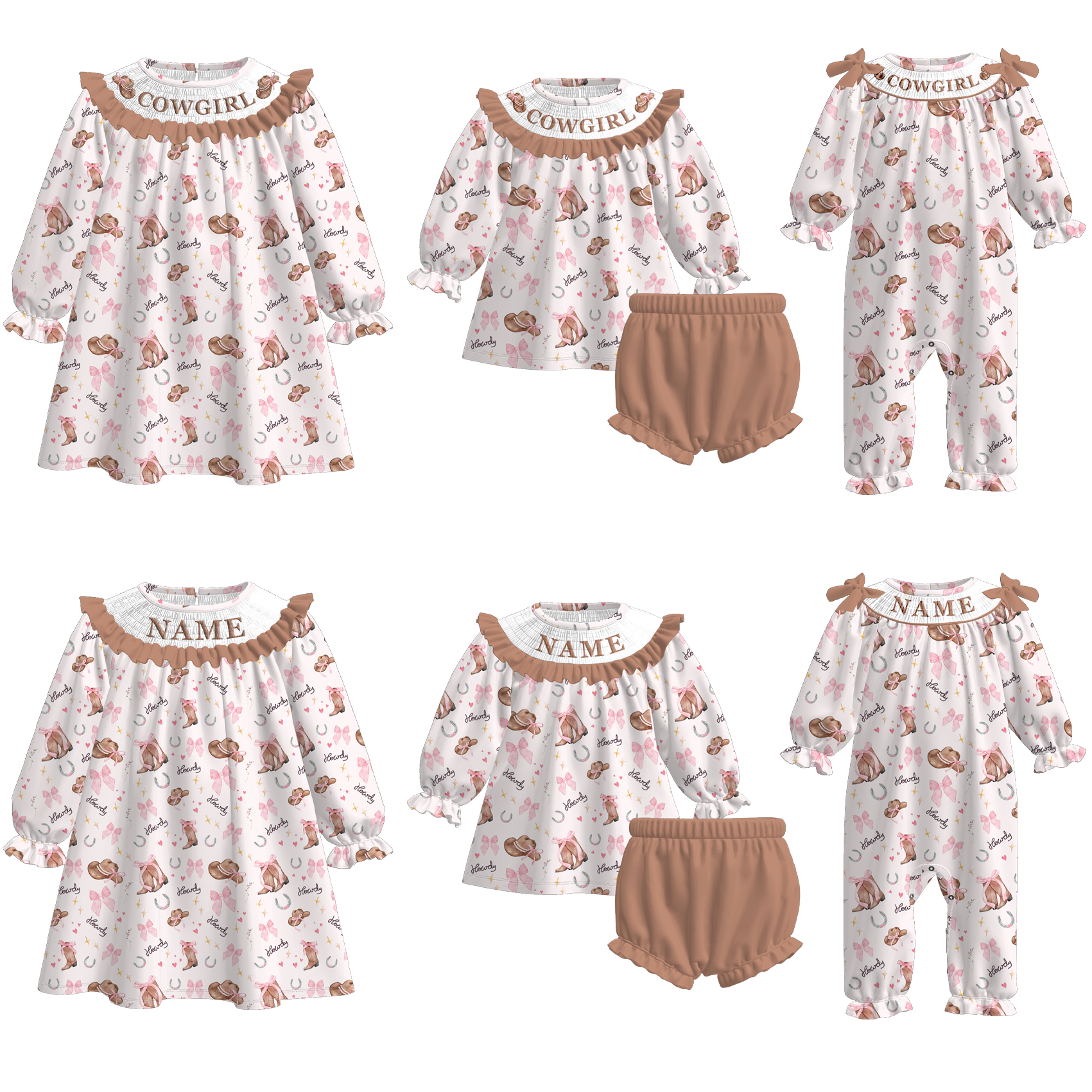 （Pre Order）Sisters Fall Cowgirl Embroidery Smocked Dress＆Romper