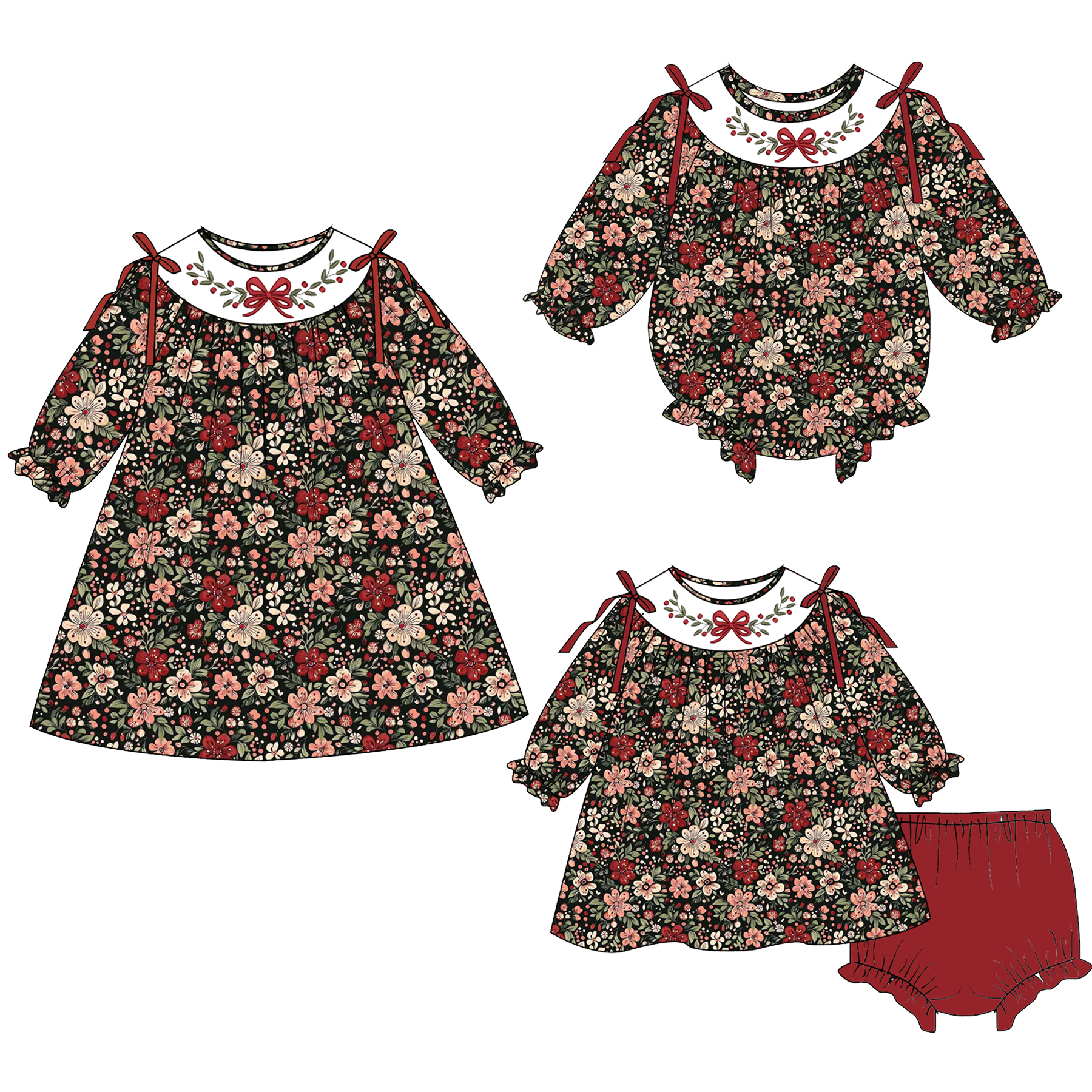 （Pre Order）Family Christmas Floral Embroidery Smocked Dress＆Romper