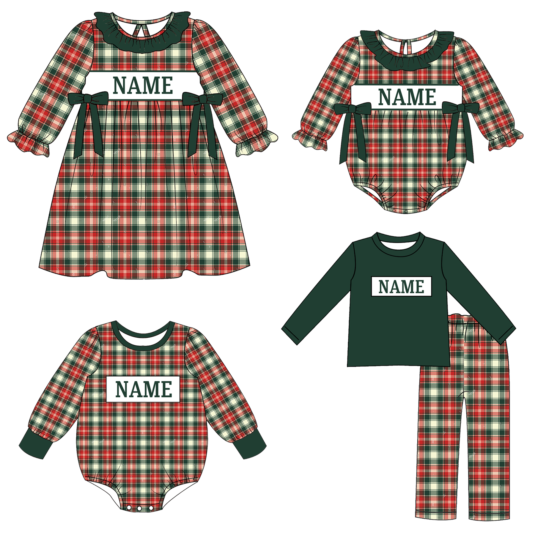 （Pre Order）Family Christmas Plaid Embroidery Smocked Dress,Set&Romper