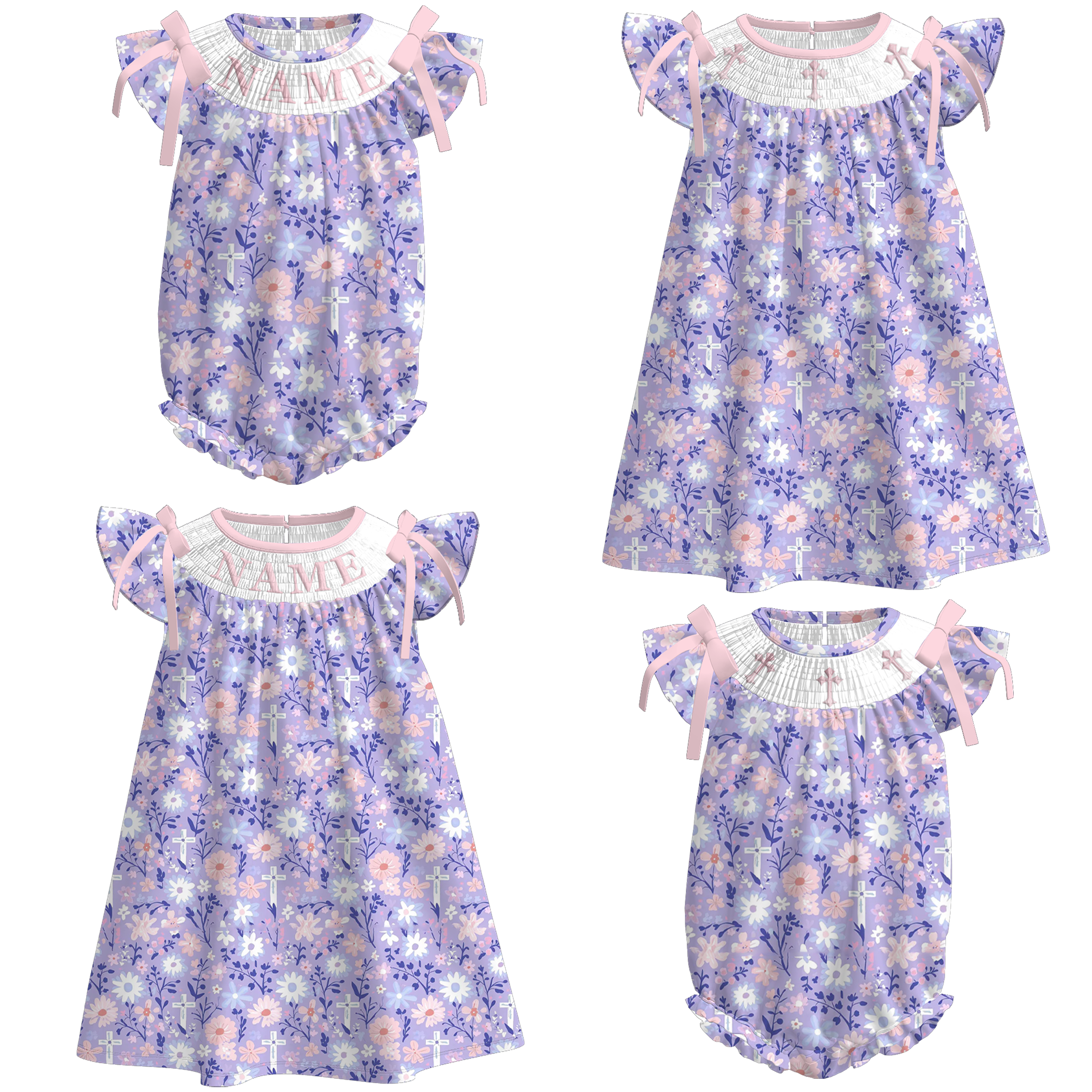 （Pre Order）Sisters Easter Cross Embroidery Smocked Dress&Romper