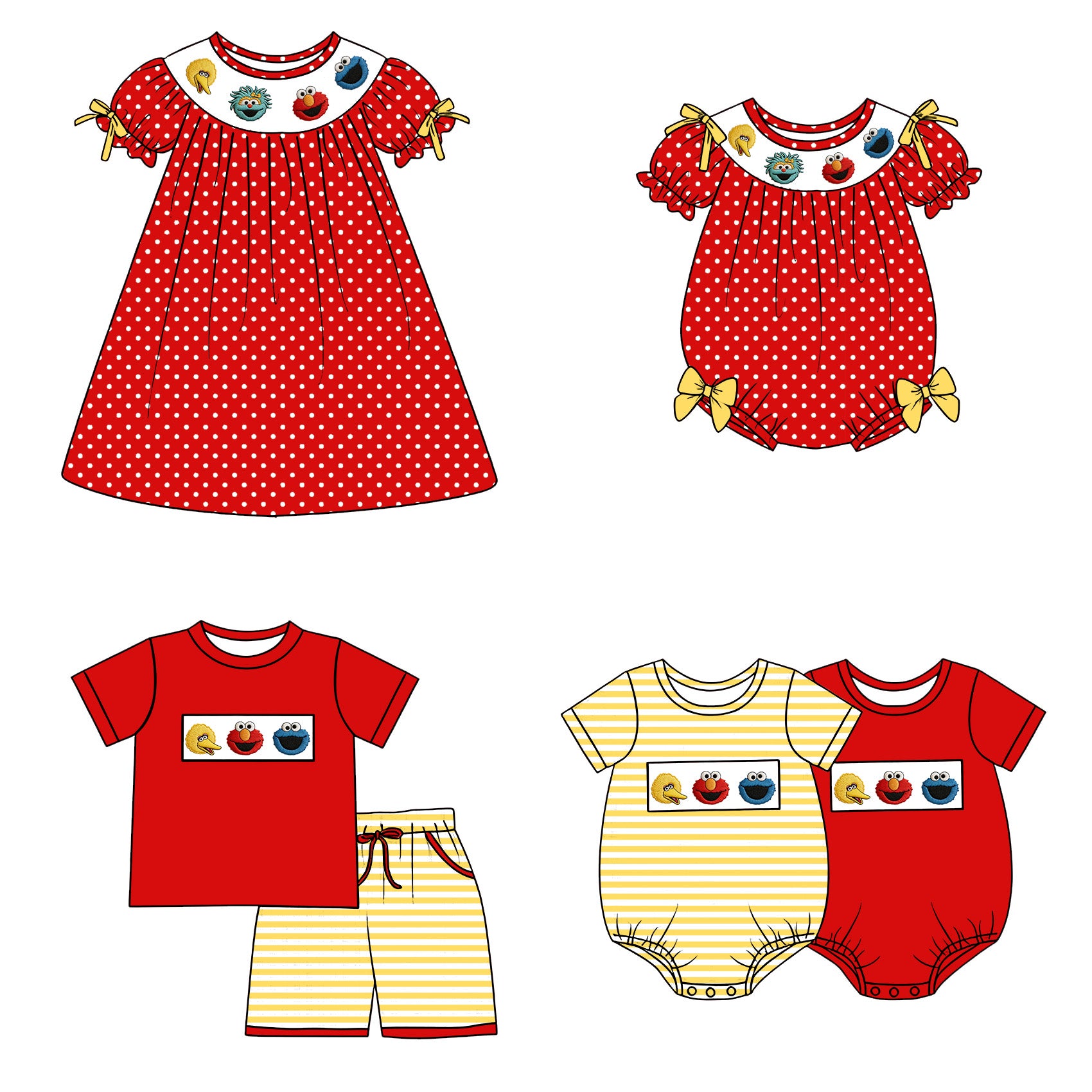 （Pre Order）Siblings Spring&Summer Cartoon Embroidery Smocked Dress,Set&Romper