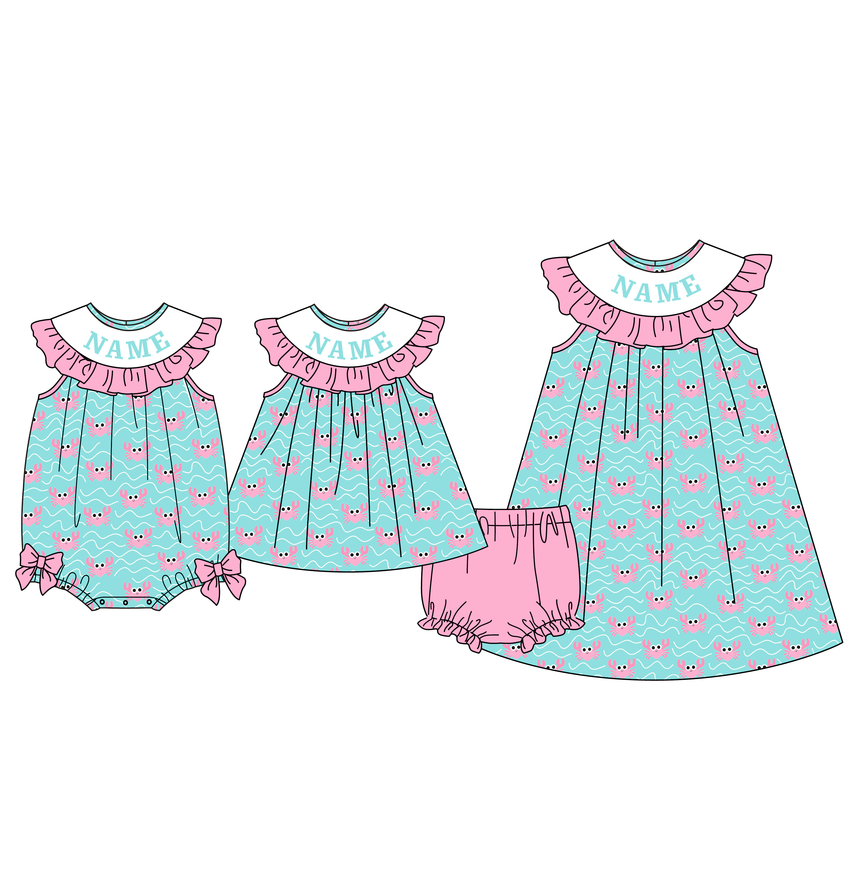 （Pre Order）Sisters Spring&Summer Crab Embroidery Smocked Dress,Bloomer Set&Romper-Customized Name