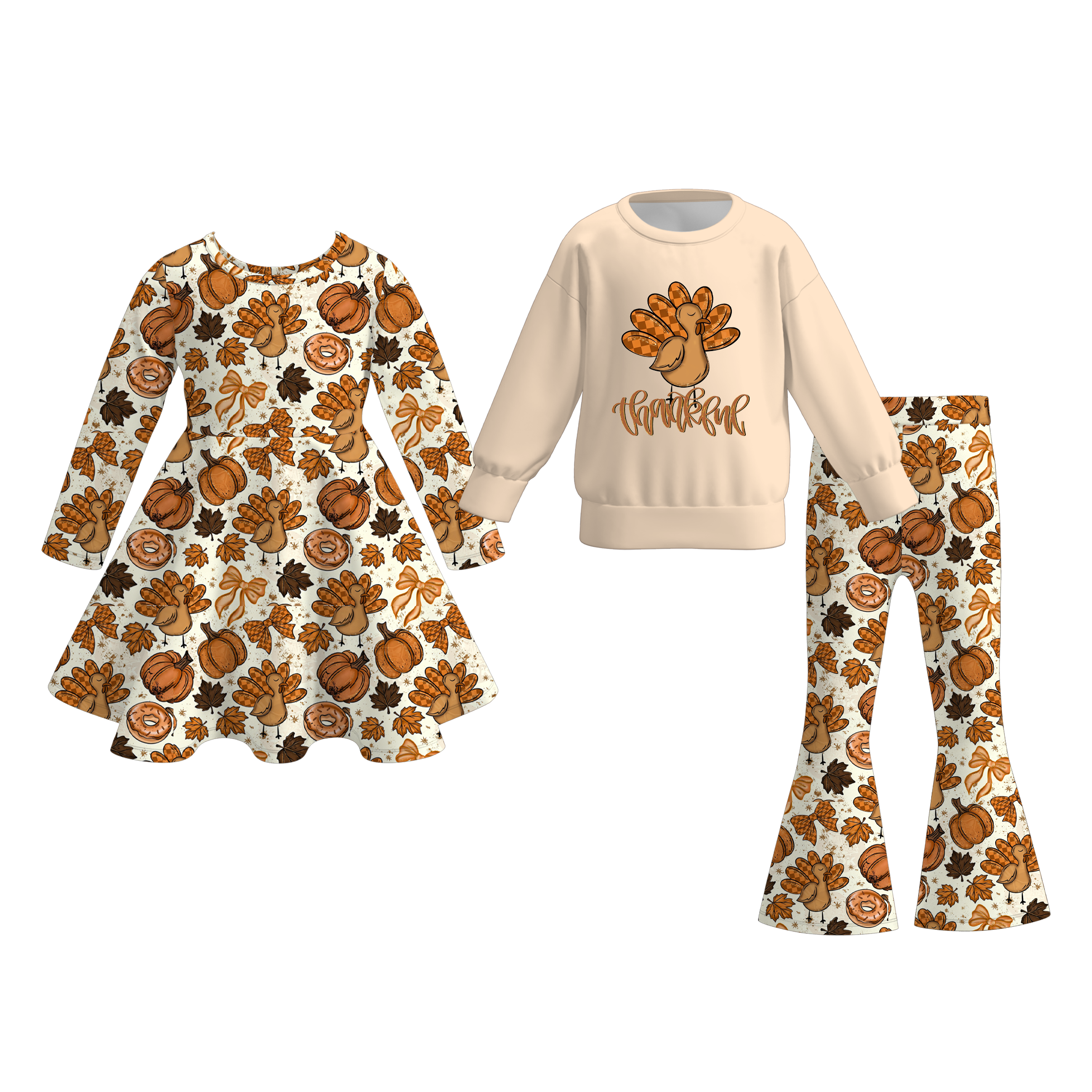 （Pre Order）Girls Fall Turkey Print Dress&Sweatshirt Set
