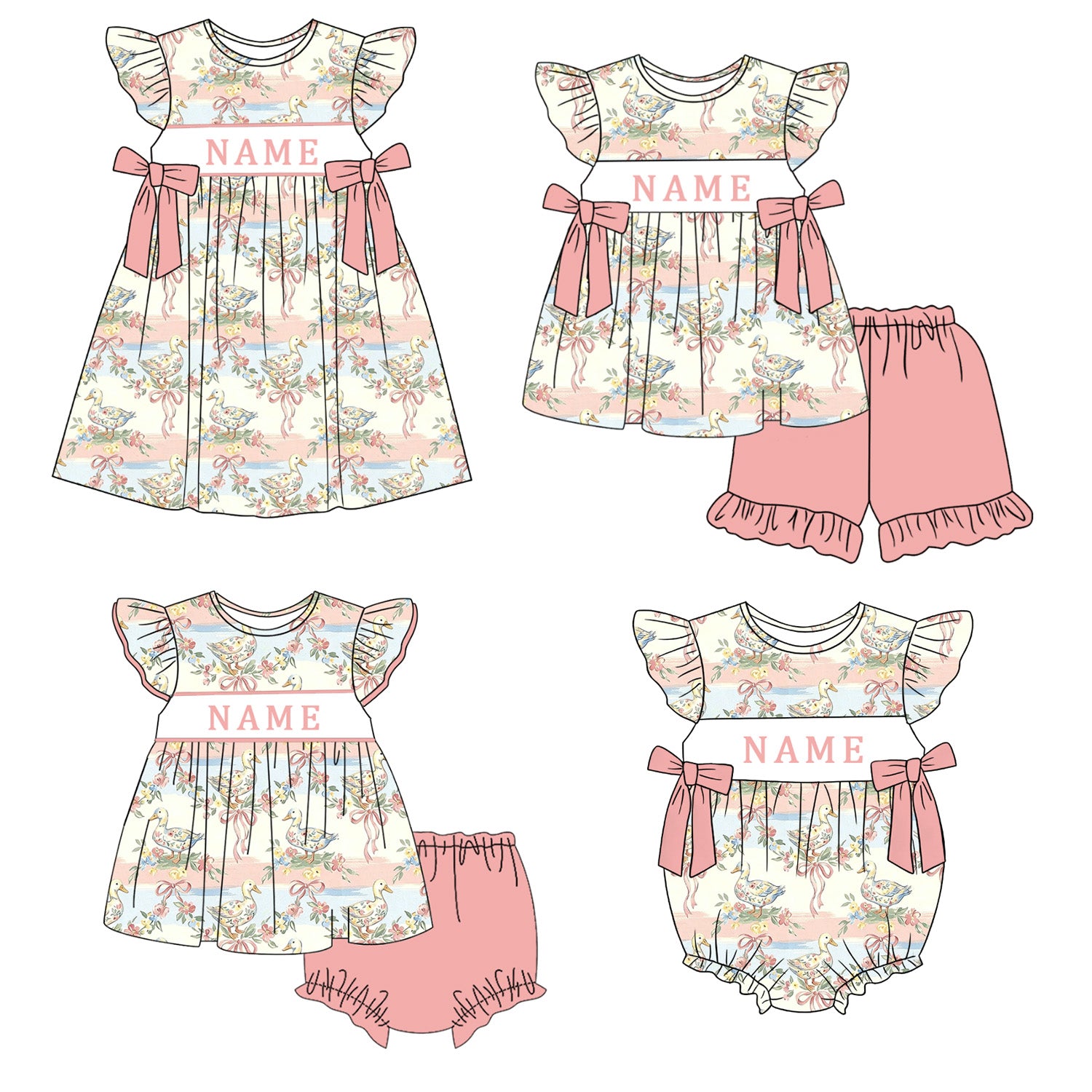（Pre Order）Sisters Spring&Summer Goose Embroidery Smocked Dress,Set&Romper-Customized name