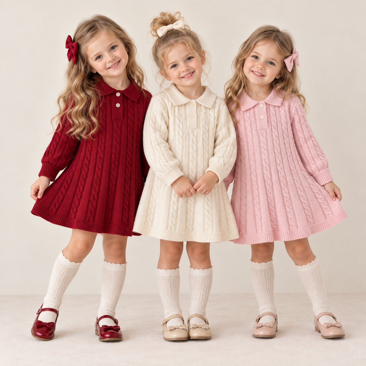 （Pre Order 2 Weeks）Girls Fall Cable Knit Long Sleeve Dress
