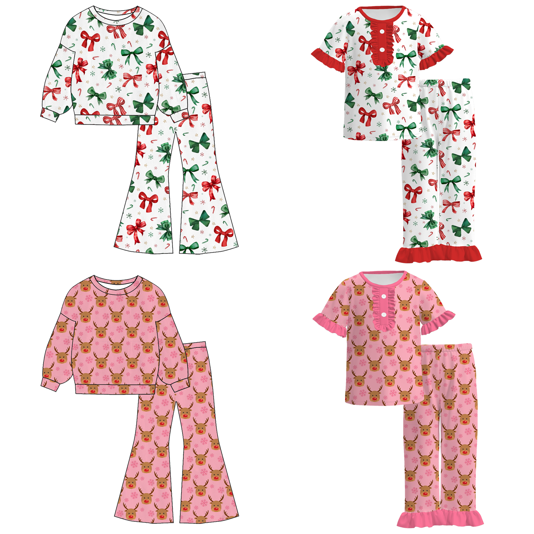 （Pre Order）Girls Christmas Bow&Elk Print Sweatshirt Suit,Pajamas