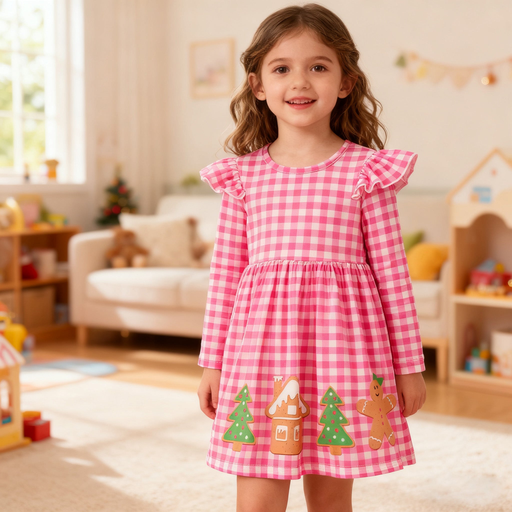 （In Stock）Girls Christmas Tree Print Hot Pink Plaid Dress