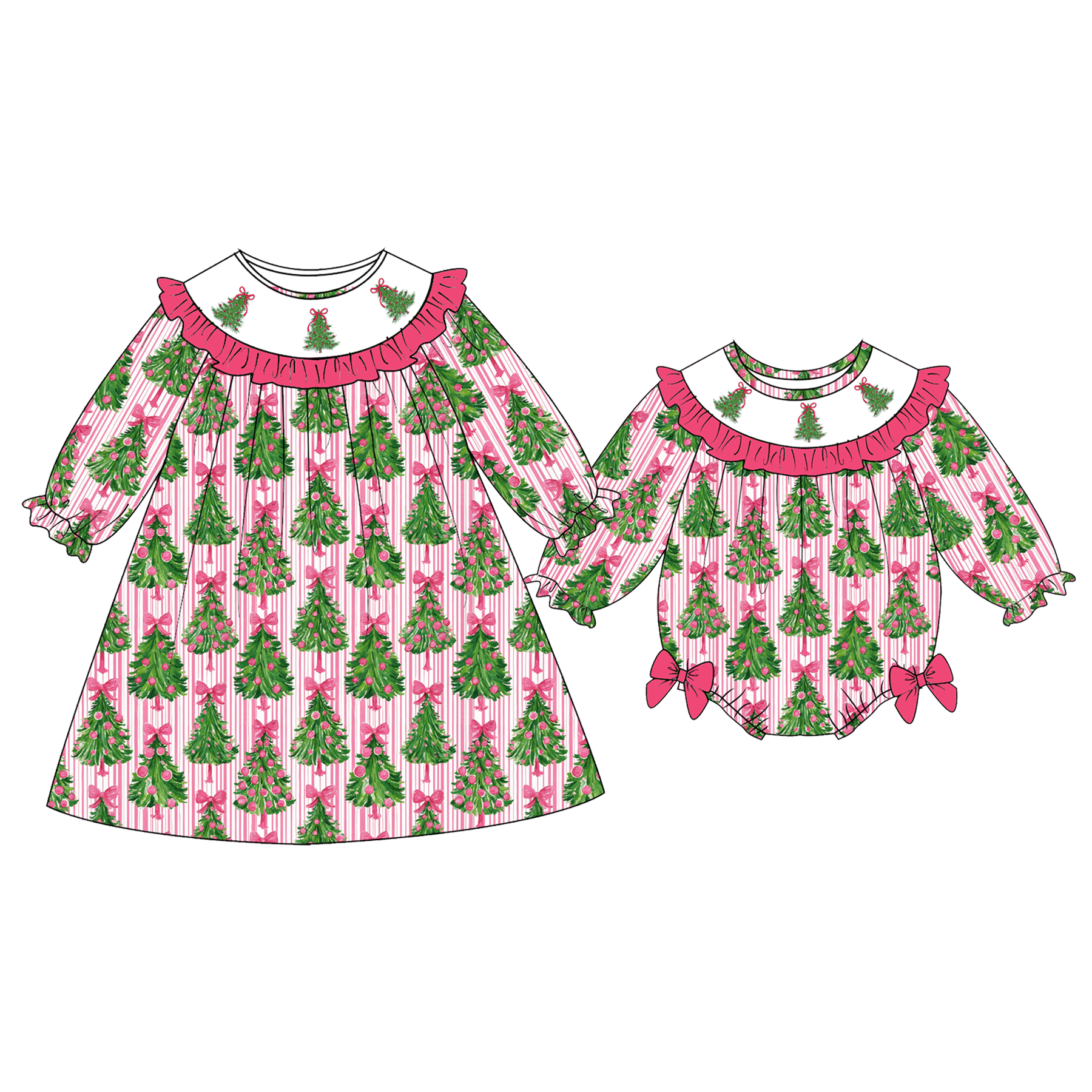 （Pre Order）Sisters Christmas Embroidery Smocked Dress,Set&Romper