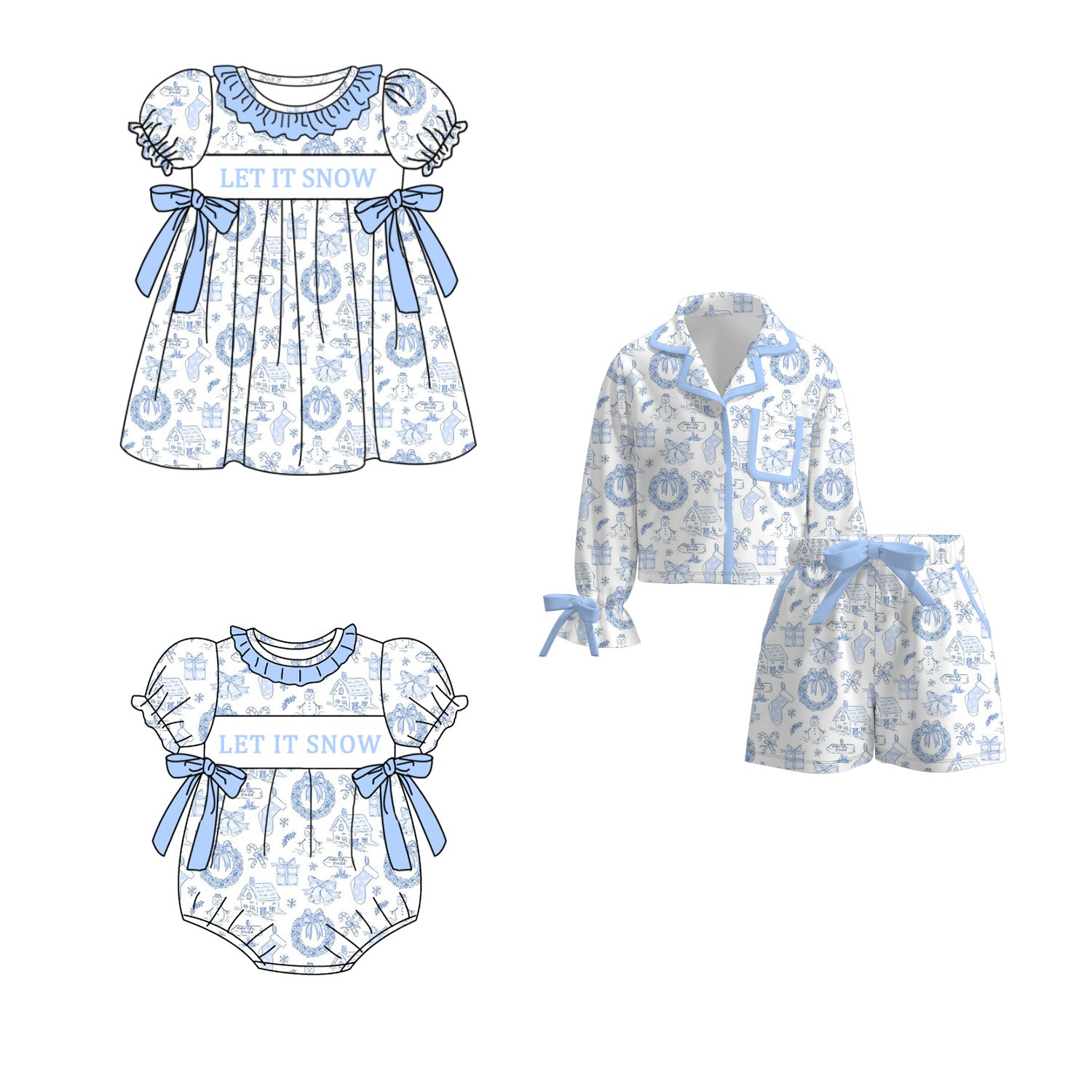 （Pre Order）Sisters Christmas Let It Snow Embroidery Smocked Dress,Pajamas&Romper