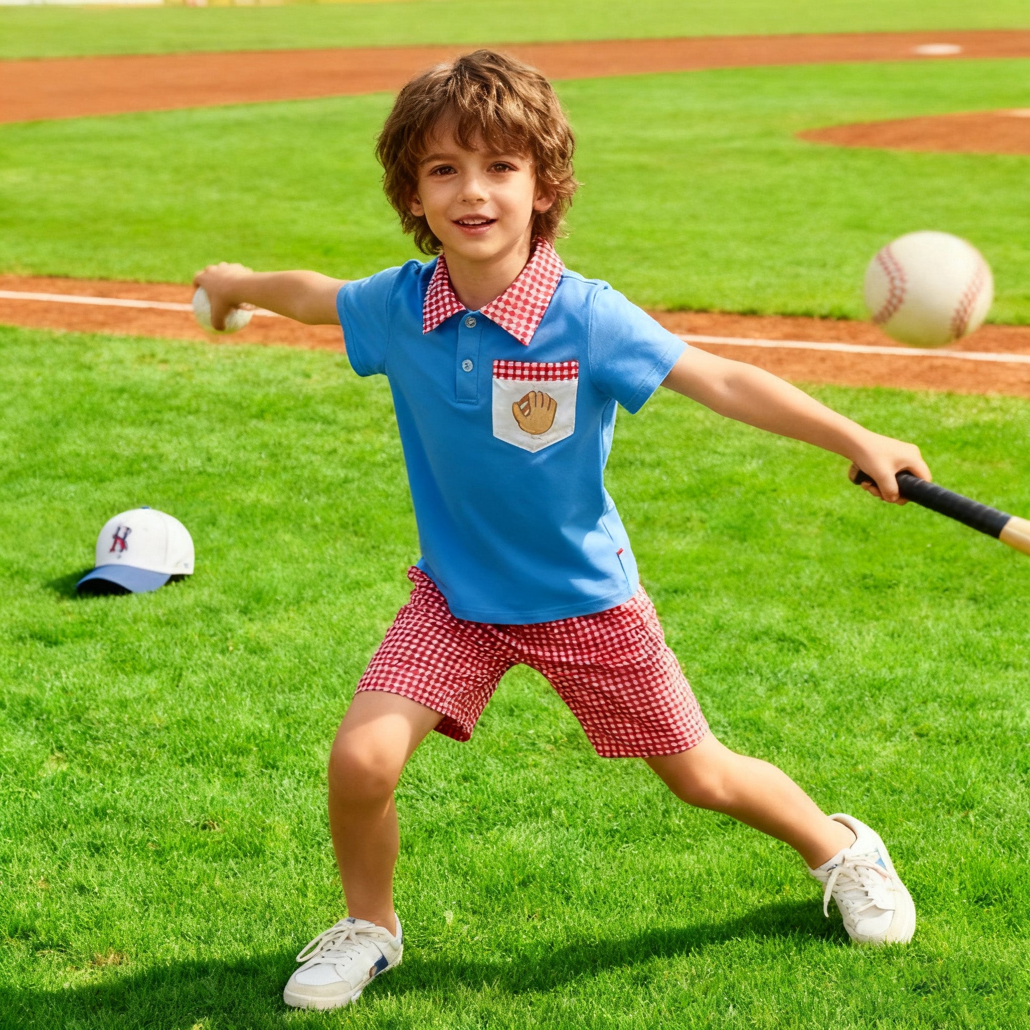 （In Stock）Boys Spring and Summer Baseball Embroidery Outfit Set