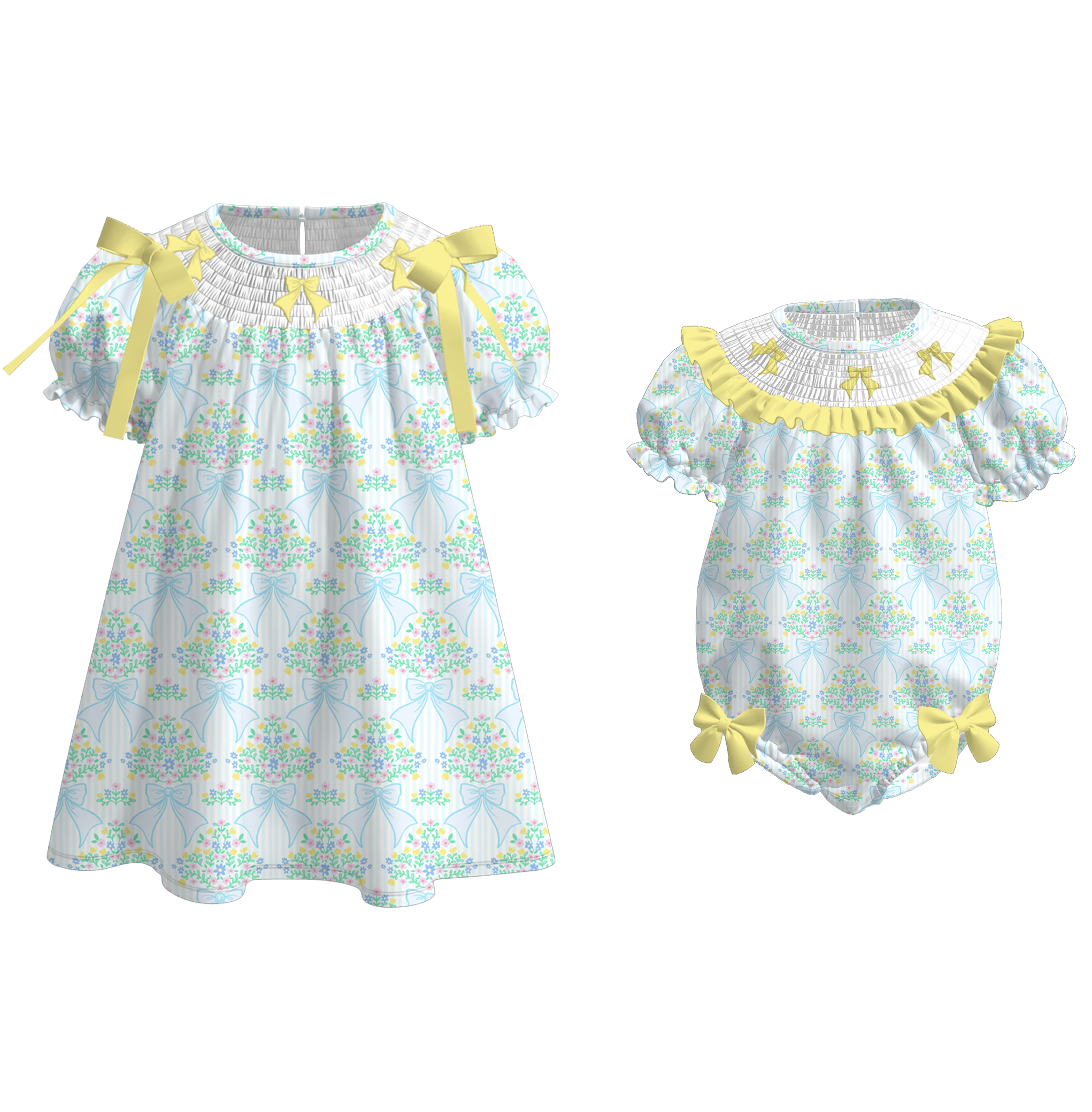 （Pre Order）Sisters Spring Bow Embroidery Smocked Dress&Romper