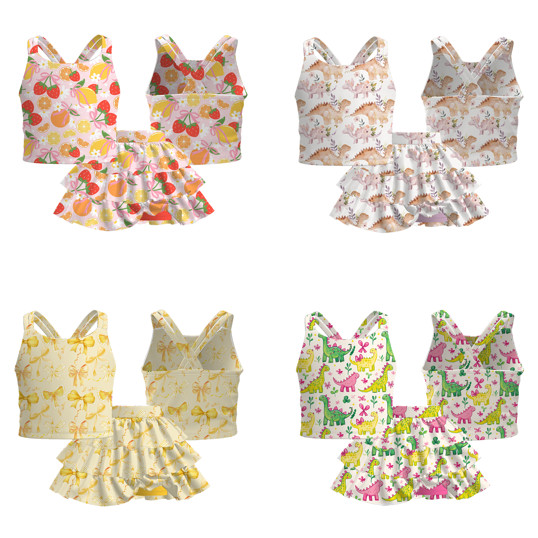 （Pre Order）Girls Spring and Summer Bow＆Dinosaur Print Skort Set