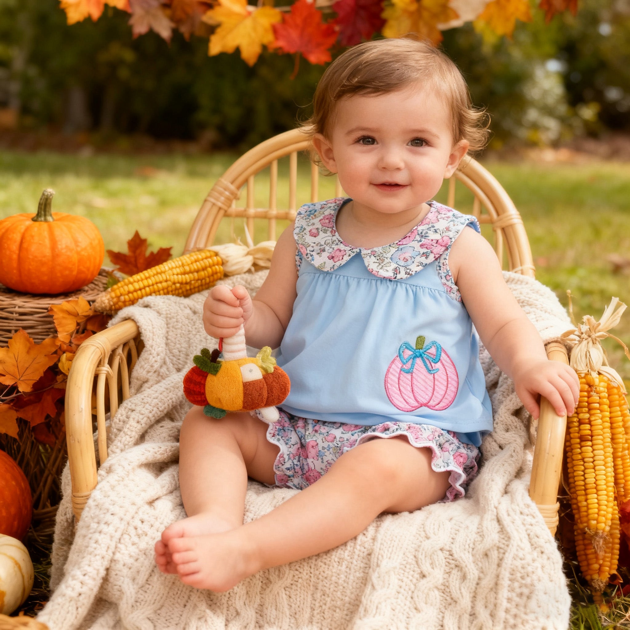 （In Stock）Toddler Girls Halloween&Thanksgiving Pumpkin Applique Bloomer Set