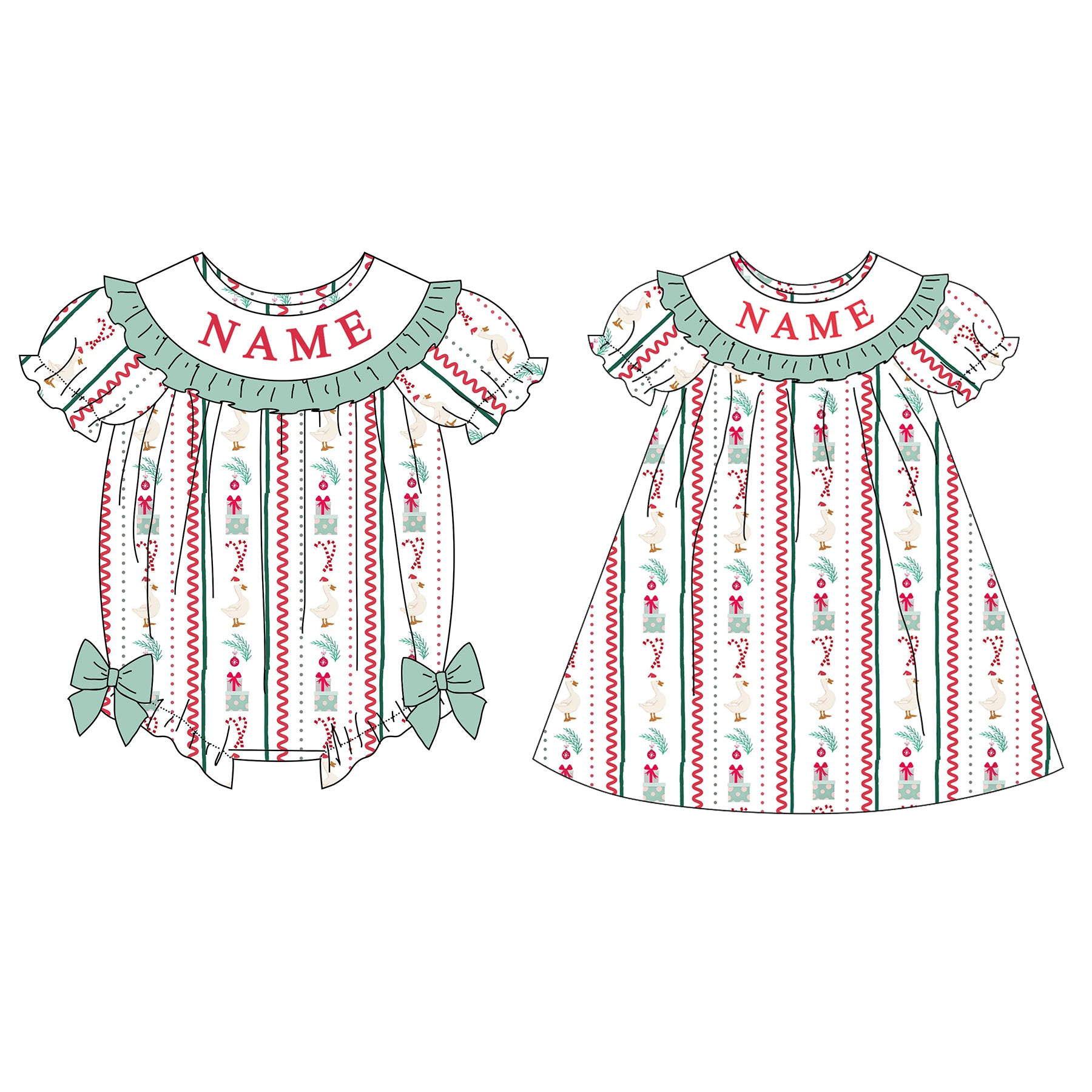 （Pre Order）Sisters Christmas Silly Goose Embroidery Smocked Dress&Romper