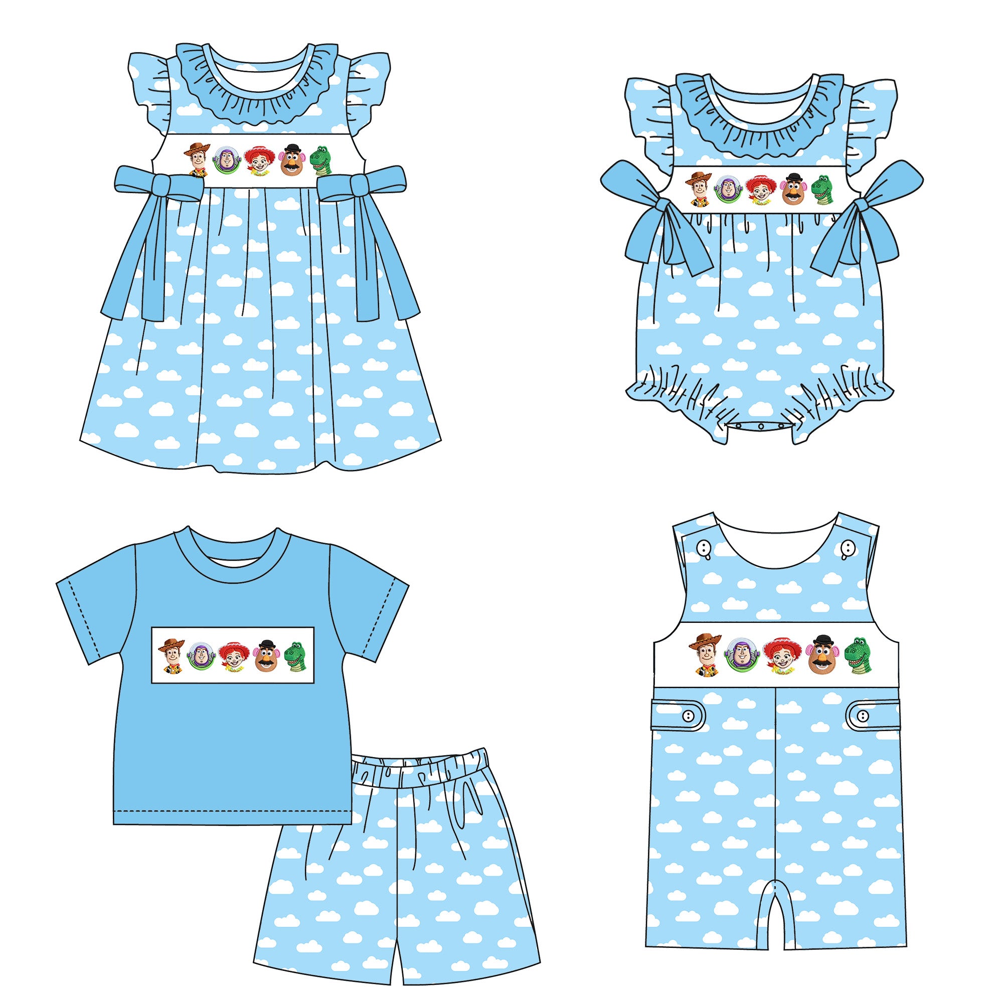 （Pre Order）Siblings Spring&Summer Cartoon Toy Embroidery Smocked Dress,Set&Romper