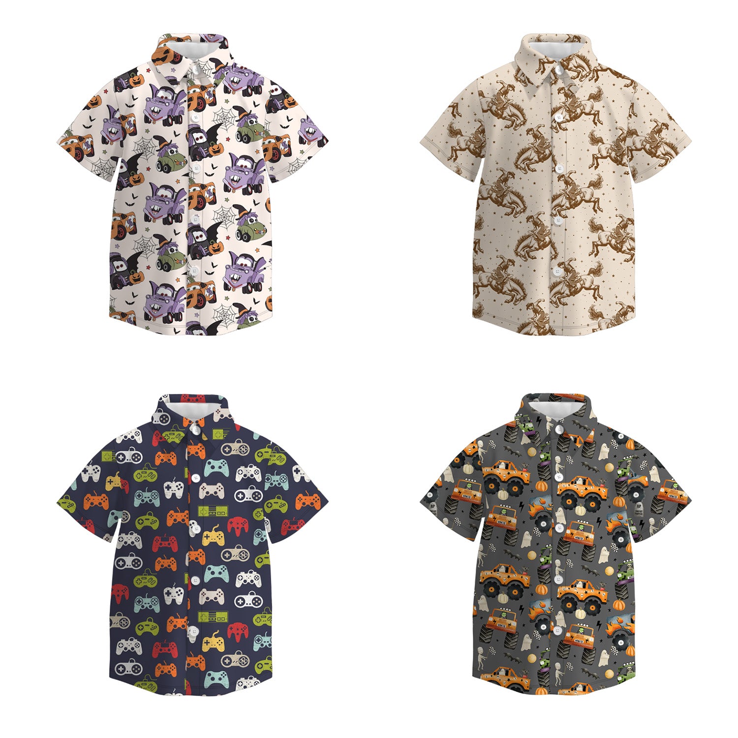 （Pre Order）Boys Halloween Pumpkin Print Four-way Stretch Shirt