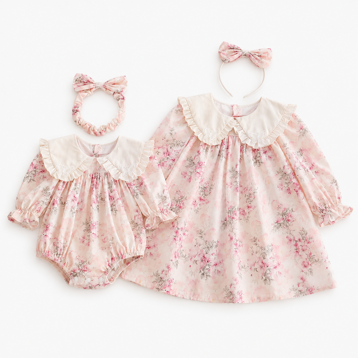 （In Production）Sisters Baby Collar Pink Floral Dress&Romper