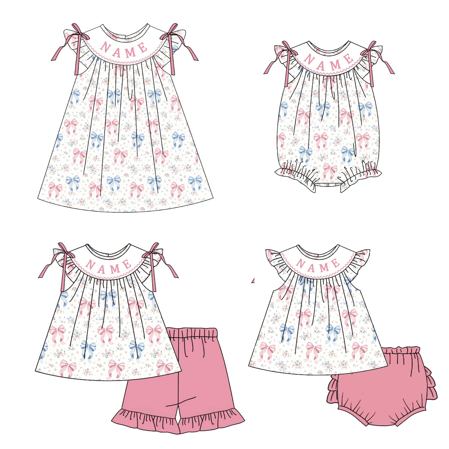 （Pre Order）Sisters Patriotic Embroidery Smocked Dress,Set&Romper-Customized name