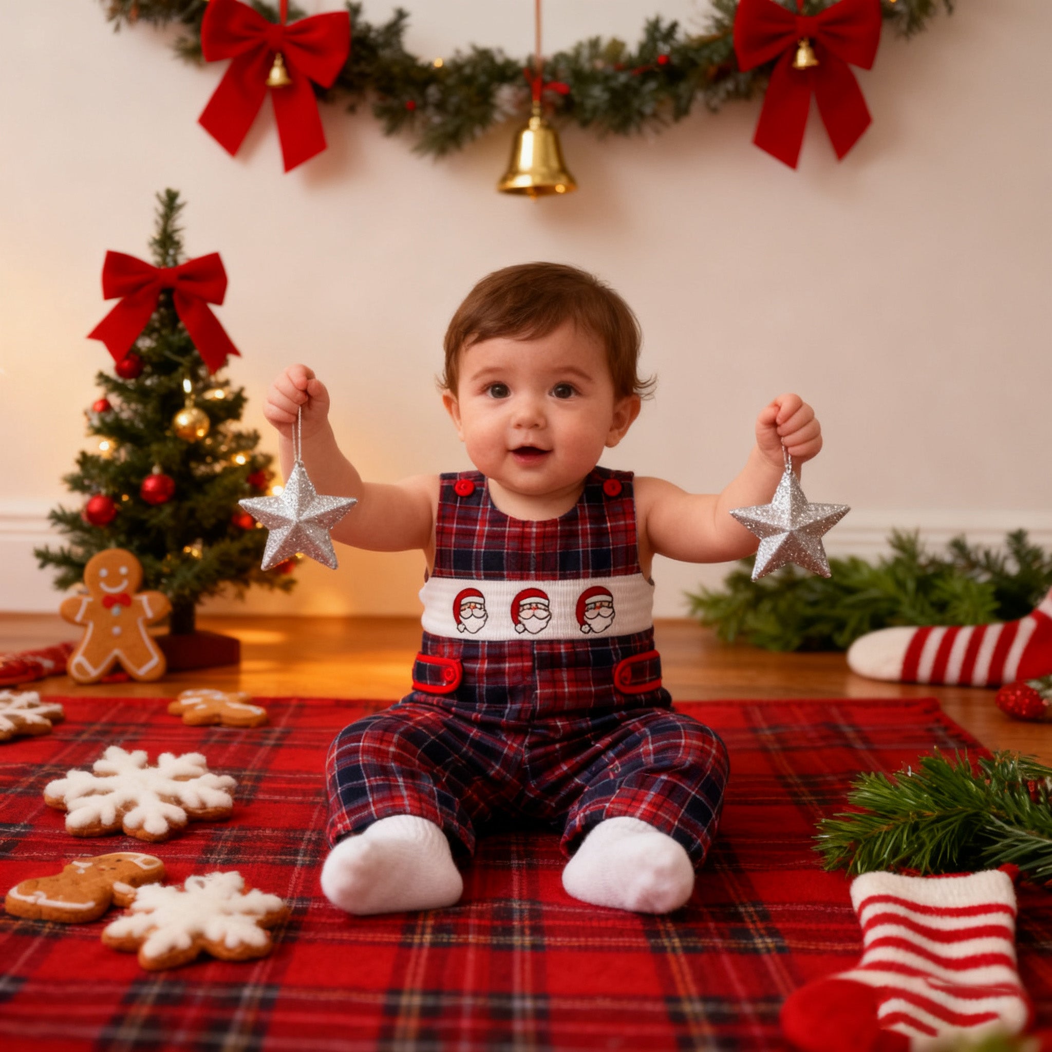 （In Stock）Toddler Boys Christmas Santa Claus Embroidery Smocked Romper