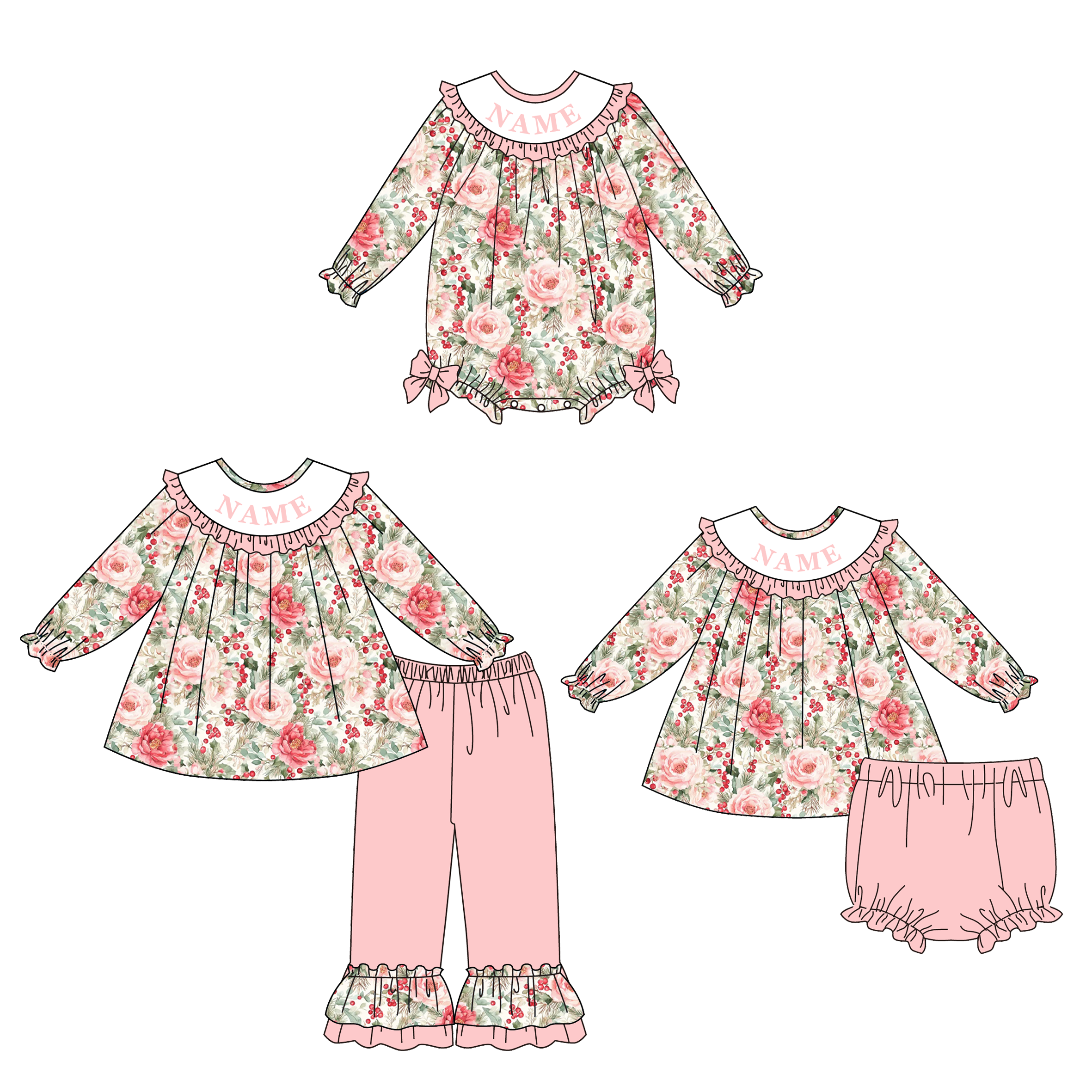（Pre Order）Family Christmas Floral Embroidery Smocked Set&Romper