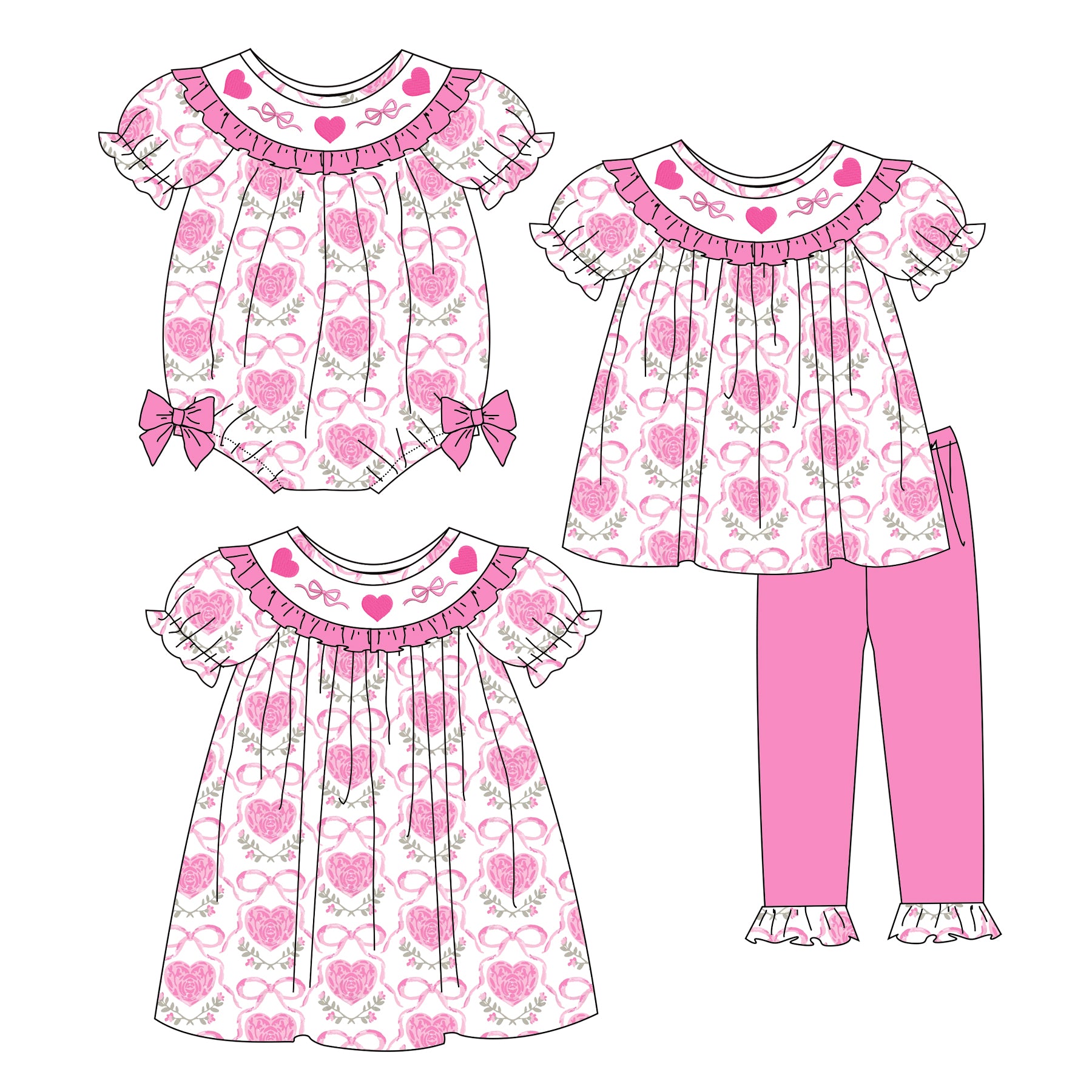 （Pre Order）Sisters Valentine's Day Embroidery Smocked Dress,Set&Romper