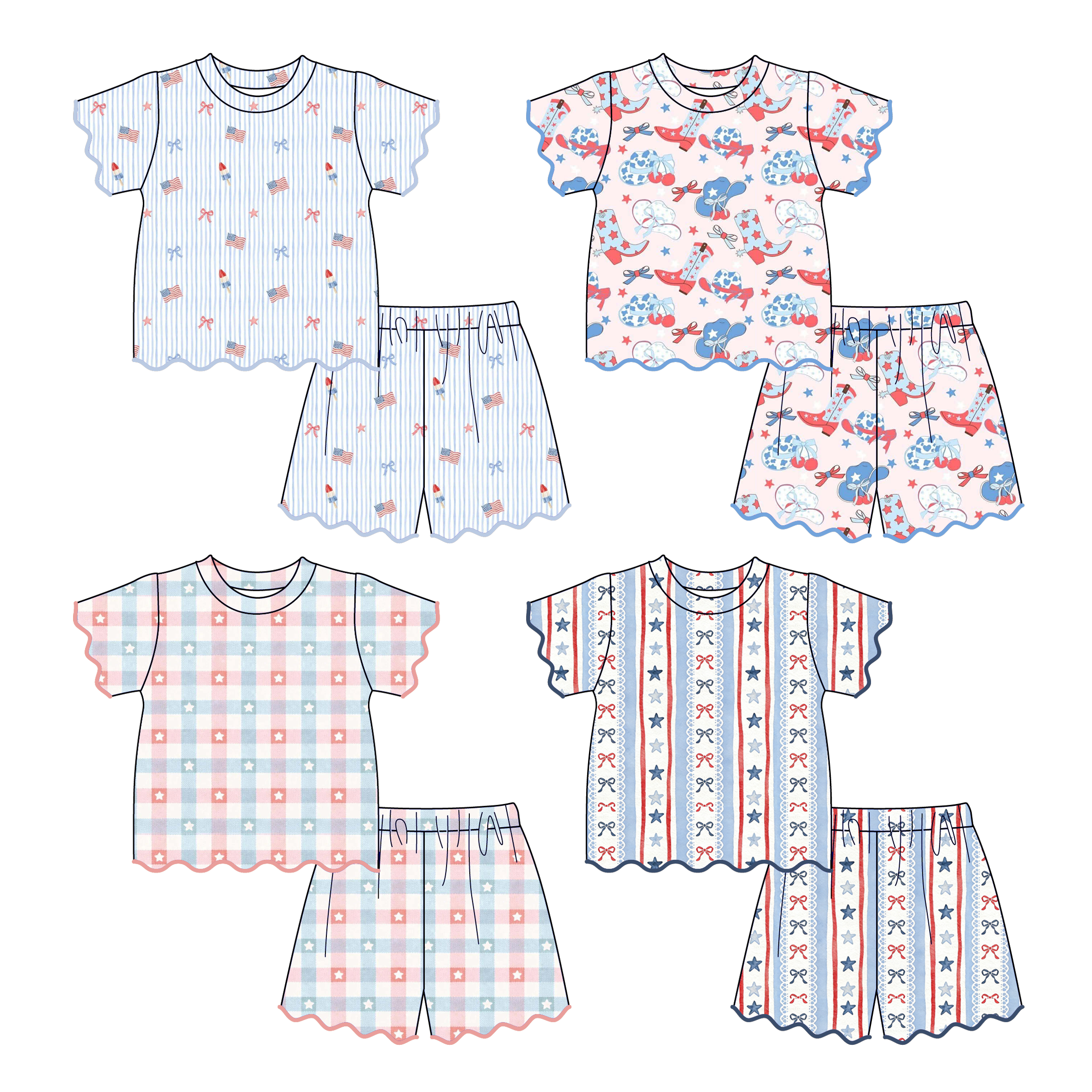（Pre Order）Girls Summer Patriotic Scallop Shorts Set