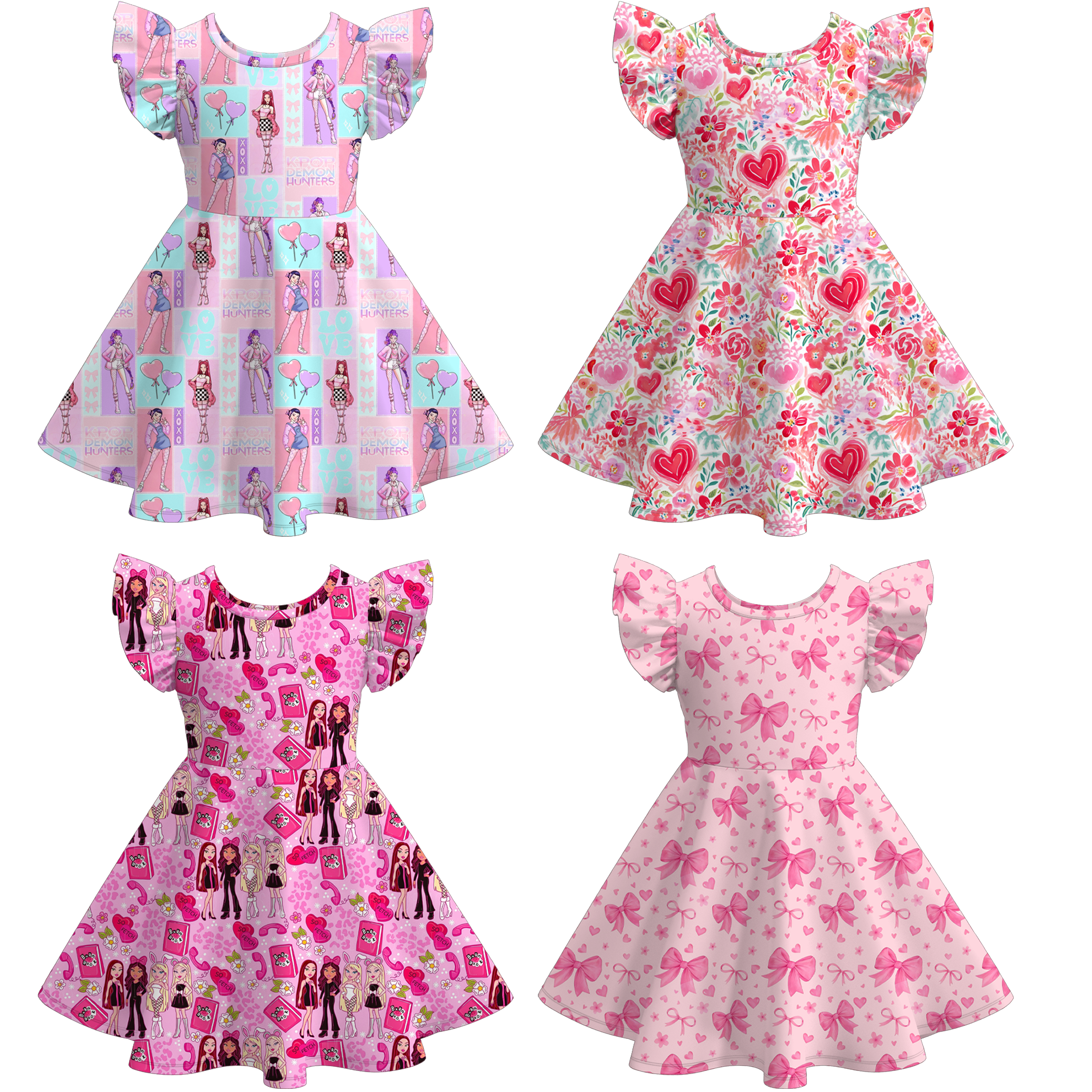 （Pre Order）Girls Valentine's Day Print Flying Sleeves Dress