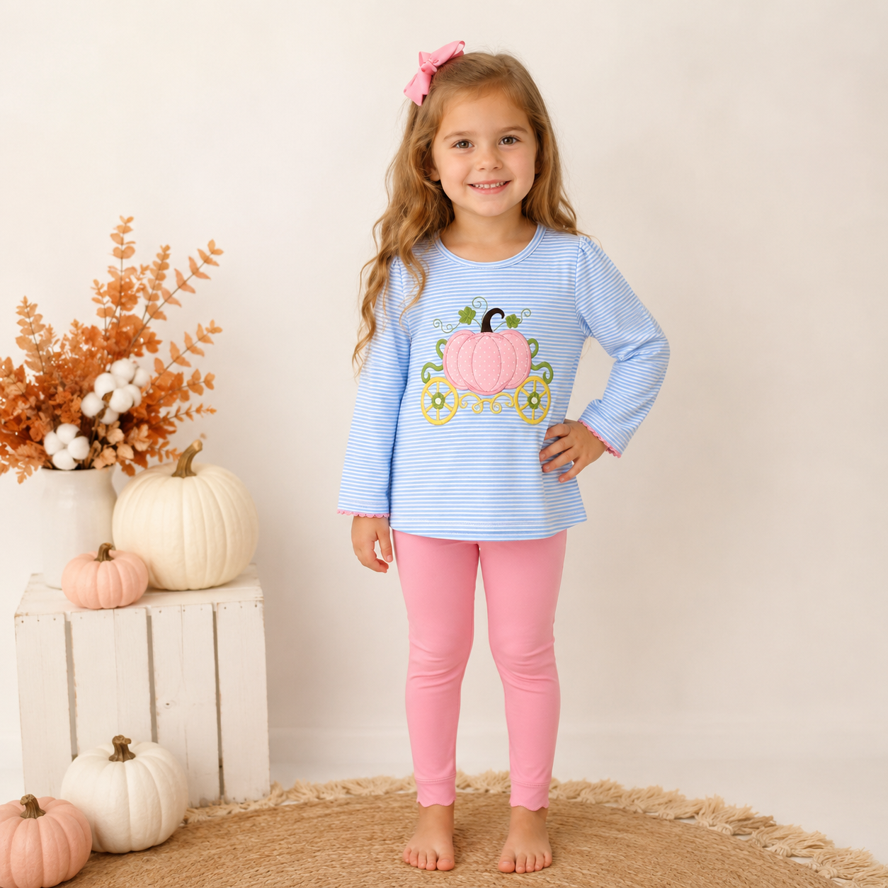 （In Stock）Girls Pumpkin Applique Cotton Outfit Set