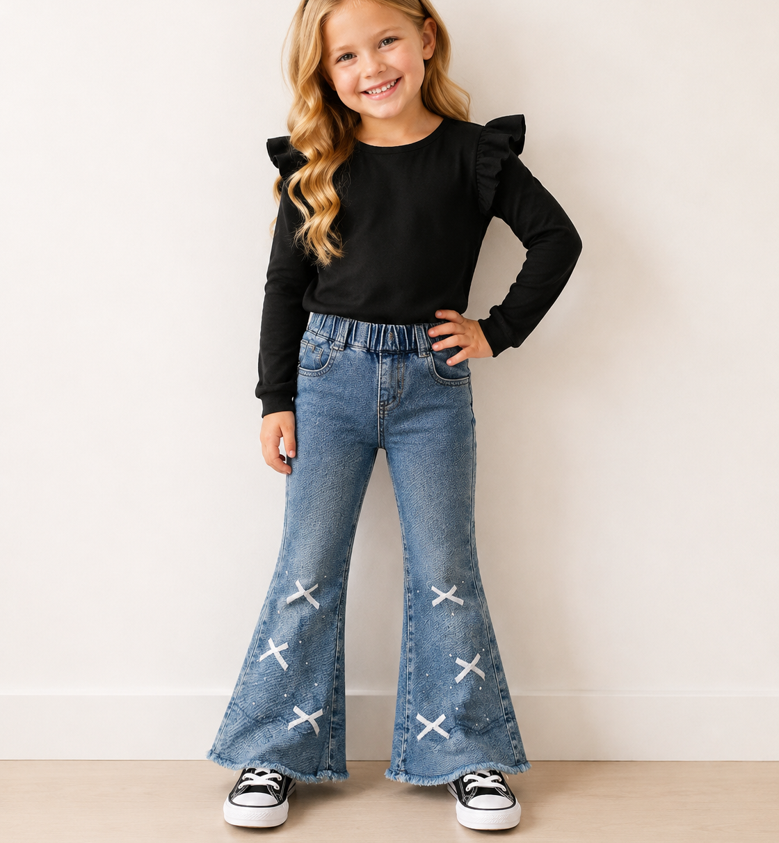 （In Stock）Girls Fall Dark Blue Bowknot Flared Jeans