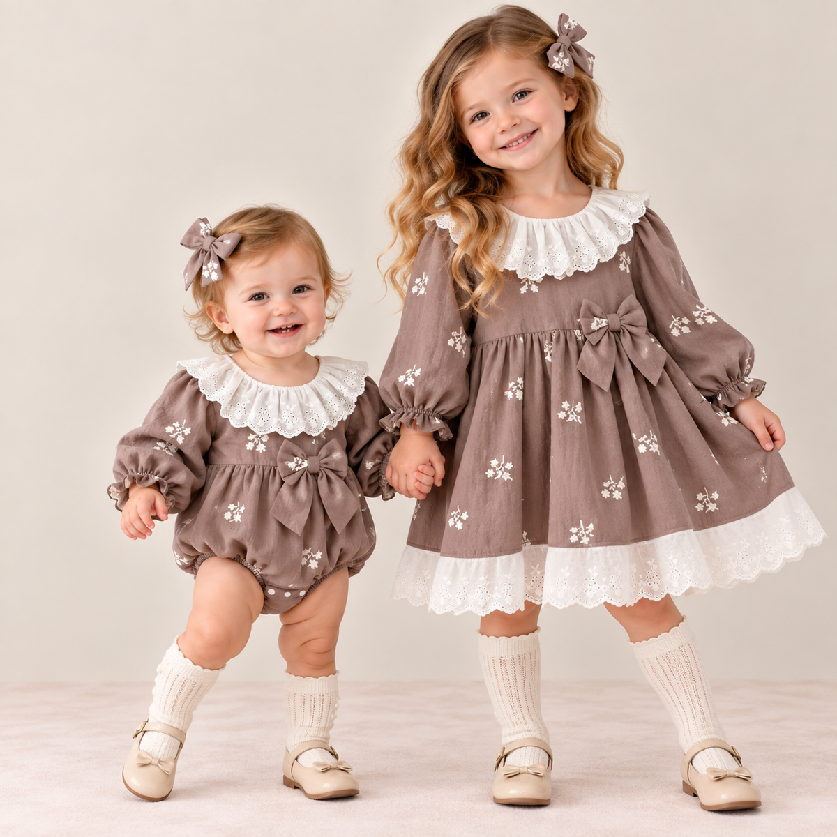 （Pre Order 2 Weeks）Sisters Fall Floral Embroidery Bow Lace Dress&Romper