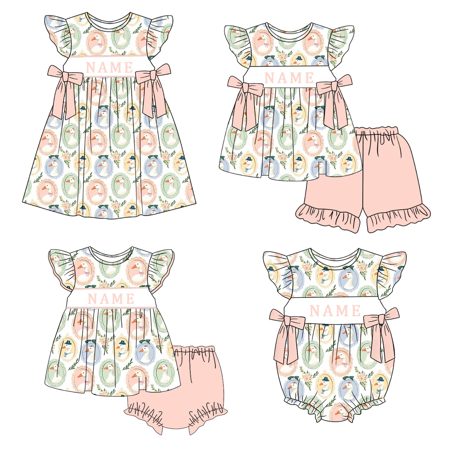 （Pre Order）Sisters Spring&Summer Goose Embroidery Smocked Dress,Set&Romper-Customized name