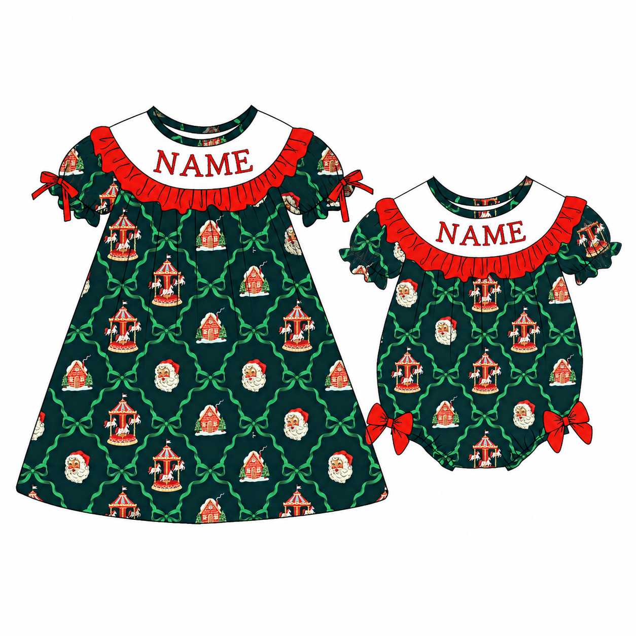 （Pre Order）Sisters Christmas Embroidery Smocked Dress,Set&Romper