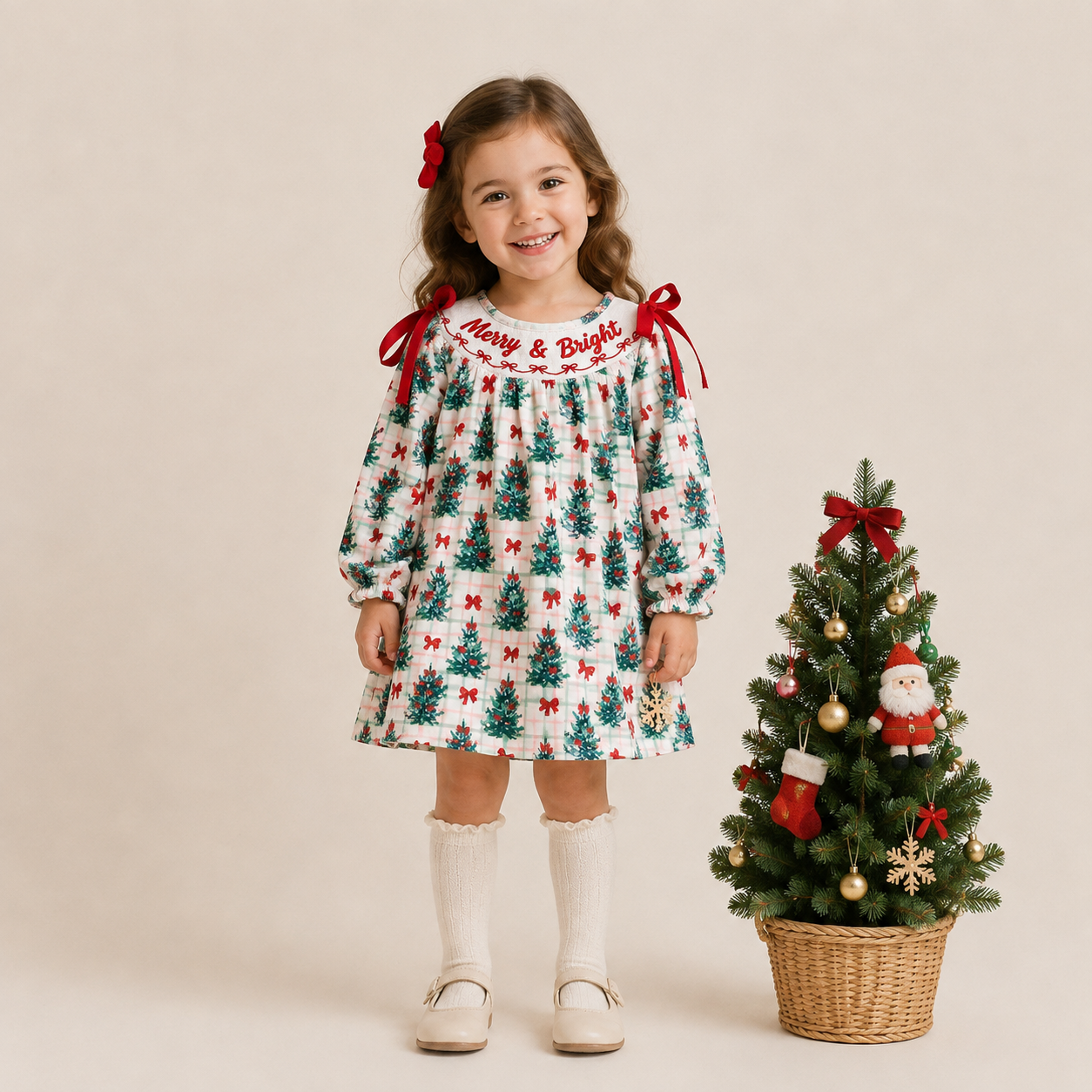 （In Stock）Girls Christmas Tree Embroidery Smocked Dress